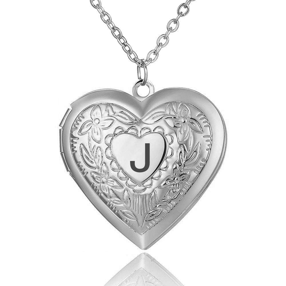 A-Z 26 Letters Initial Charm Love Heart Memory Locket Engraved Flower Stainless Steel Pendant Necklace 18 Inches