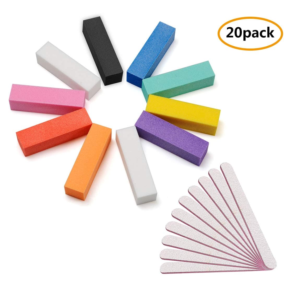 Nail Files Buffers, 20Pcs Professional Nail Buffer Blocks File Polisher Assorted Colors, Nail Files 10pcs + Buffers 10pcs, 100/180 Grit