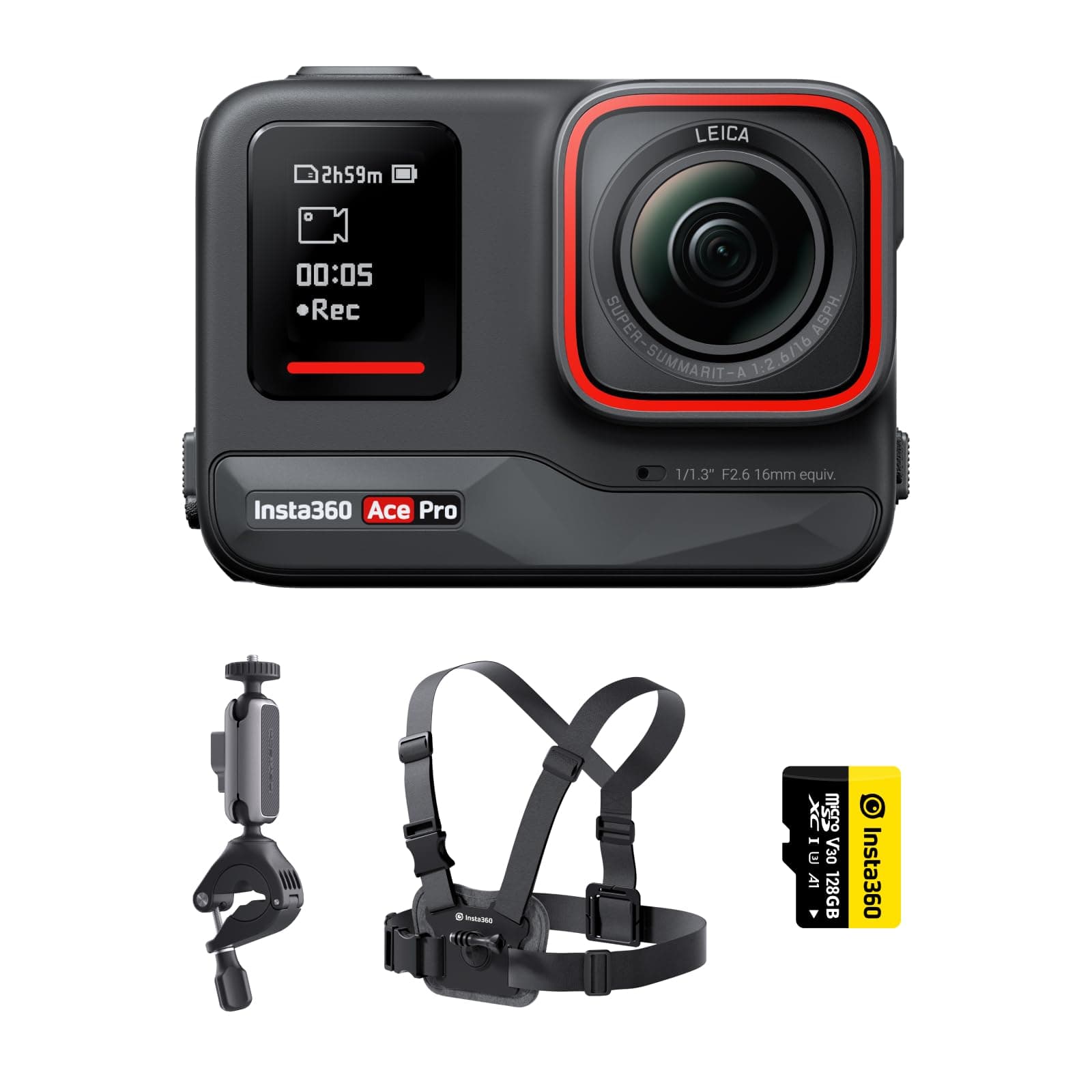 Insta360 Ace Pro Bike Kit - Waterproof Action Camera Co-Engineered with Leica, Flagship 1/1.3" Sensor and AI Noise Reduction for Unbeatable Image Quality, 4K120fps, 2.4" Flip Screen & AI Features