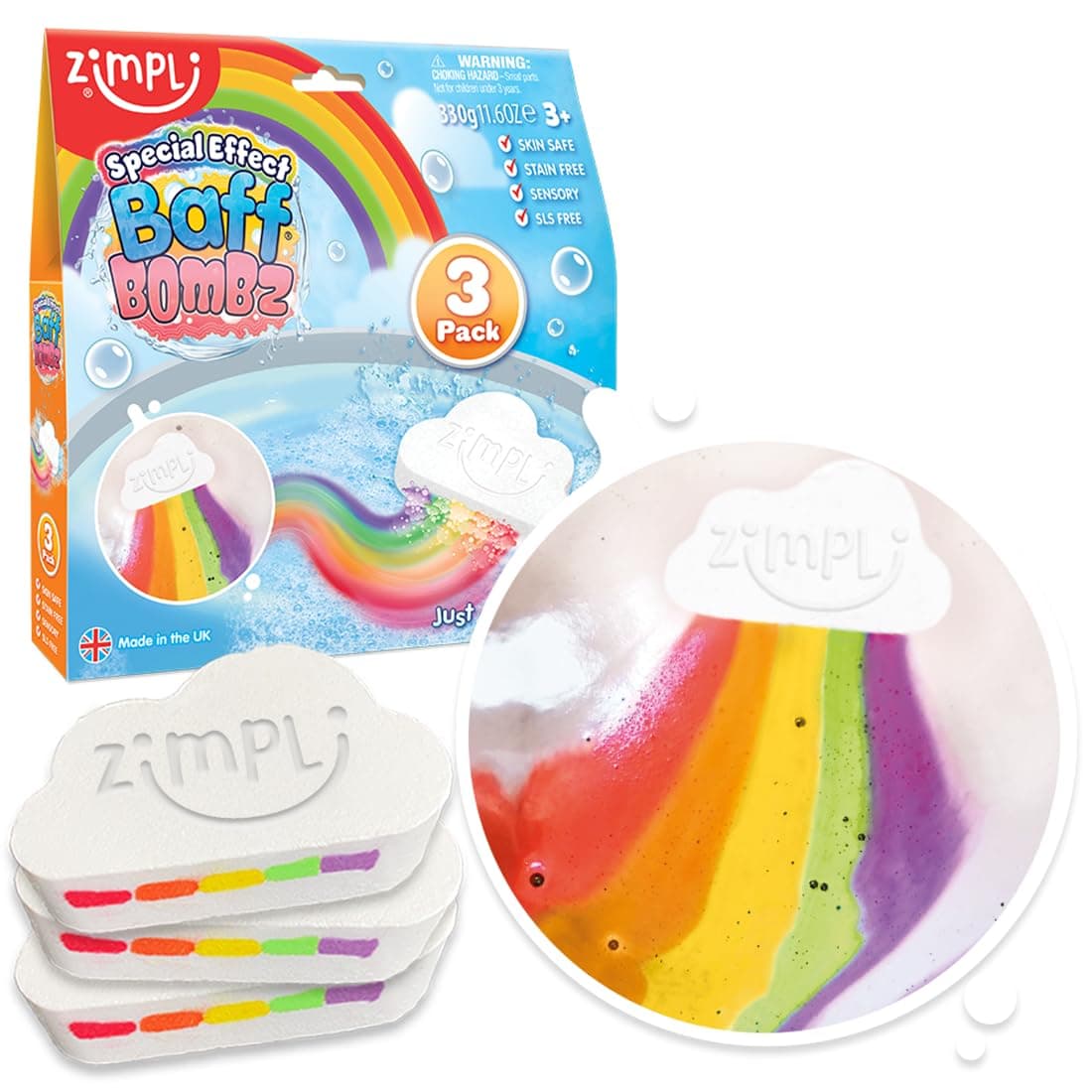ZIMPLI - 3 x Large Cloud Rainbow Baff Bombz, Create a Rainbow Effect, fizzing, bathtime Adventure, Bubble Bath Bomb Fizzers, Xmas Gift for Kids