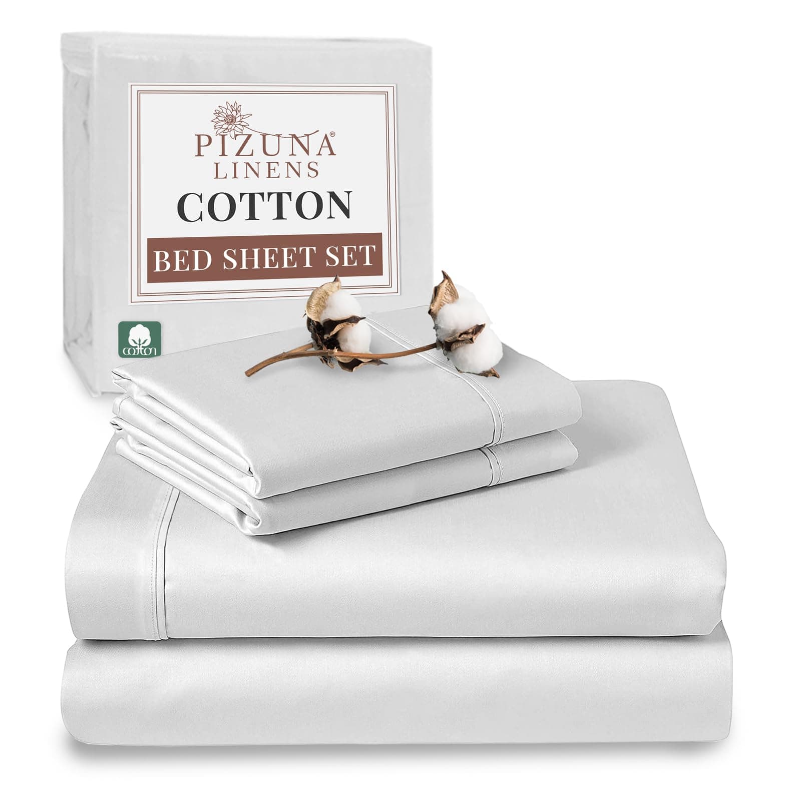 Pizuna Pure 100% Cotton Bed Sheet King Size Set White,400 Thread Count Cozy Luxury Long Staple Cotton Sateen Weave Bedsheet Set (1 Flat Sheet, 1 Fitted Sheet, 2 Pillowcases)