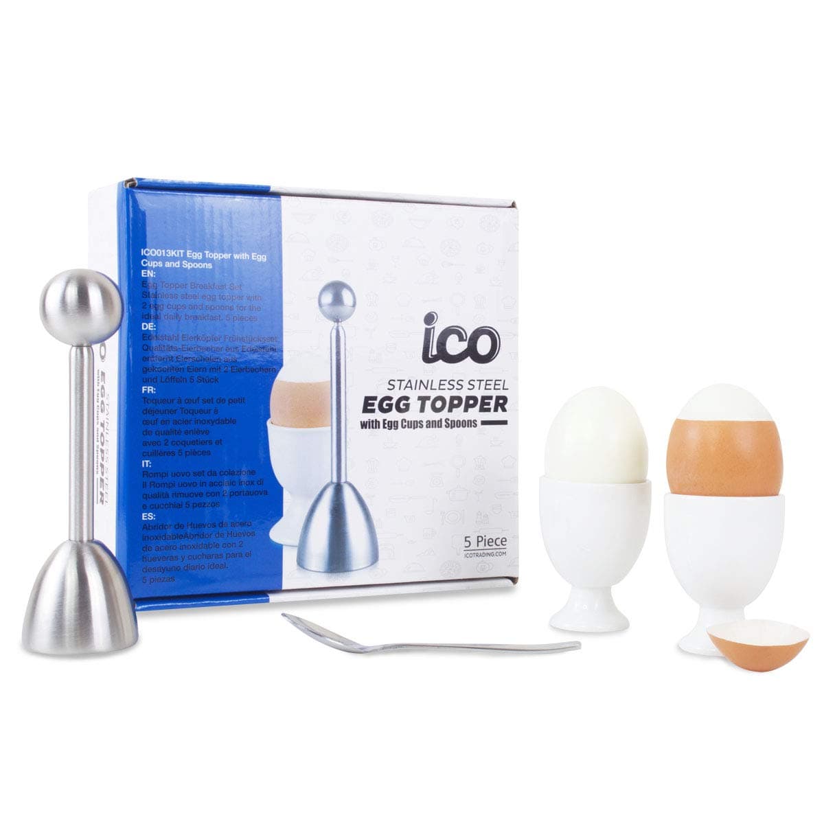 ICO Egg Topper and Cracker Gift Set, includes 1 stainless steel egg topper, 2 egg cups, and 1 spoon