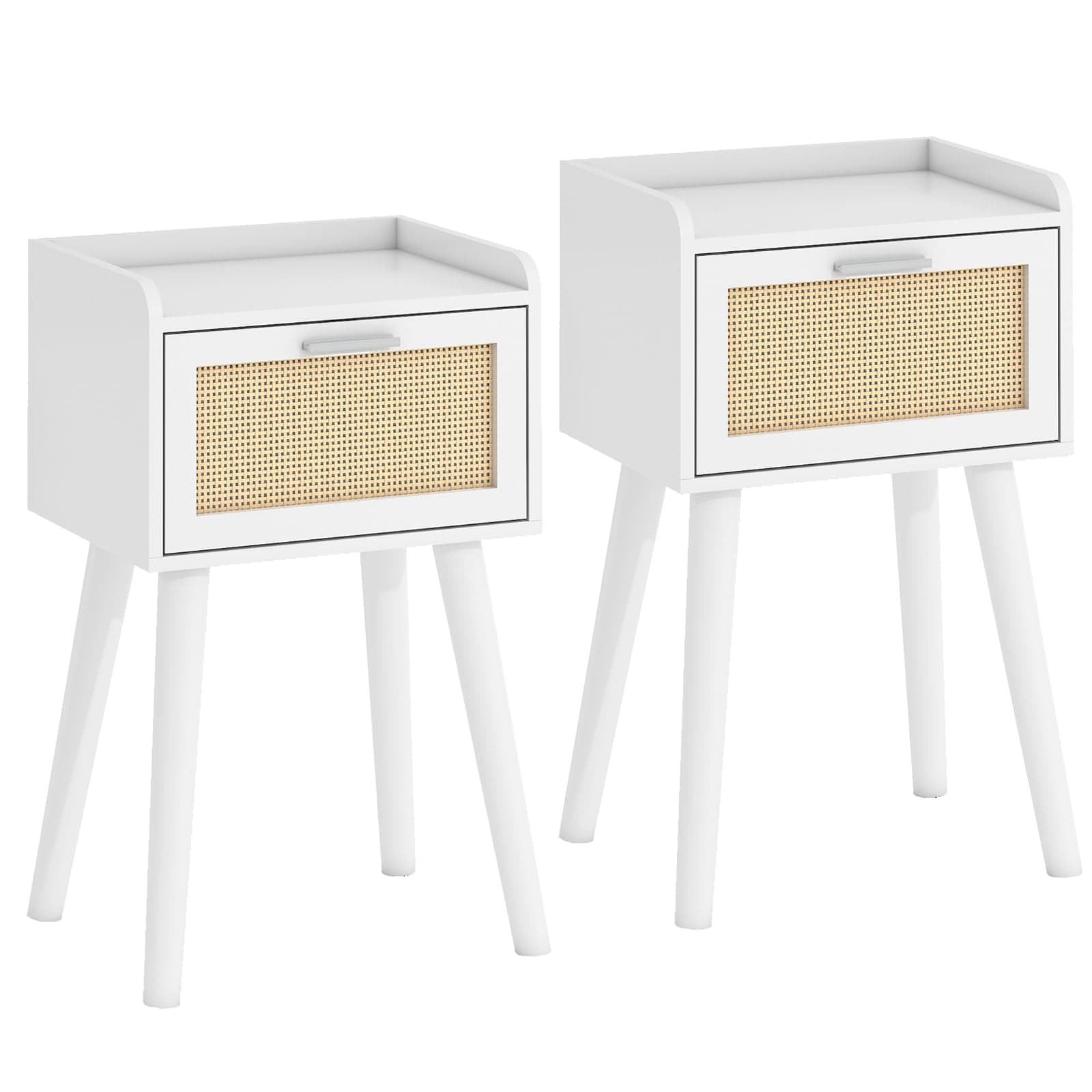 LAATOOREE Nightstand Set of 2, Small White Bedside Table, End Table with Rattan Door, Boho Side Table with Solid Wood Legs for Bedroom Living Room Small Space