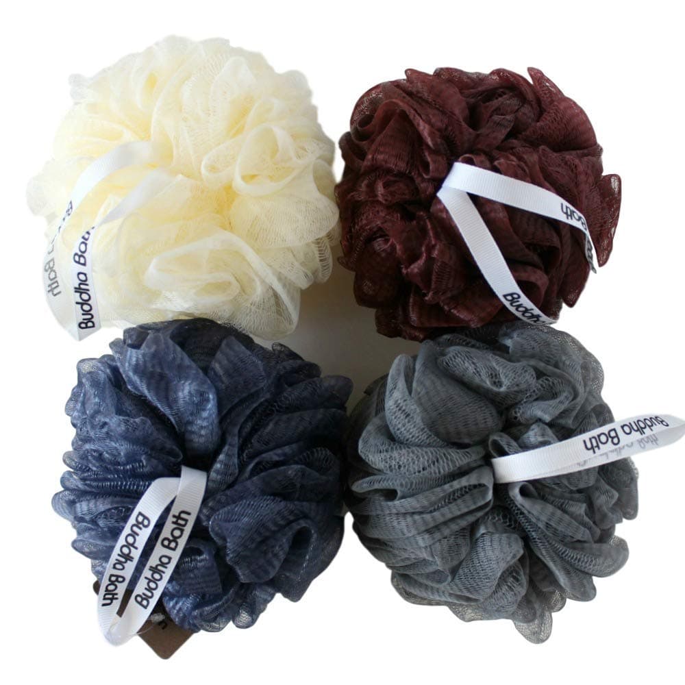 Buddha Bath Luxury Eco-Friendly Clean Mesh Bath Sponges 4 Pack Individually wrapped- Loofah - Lufa -luffa - Shower Pouf Ball - Washable- Sophisticato Color Pack