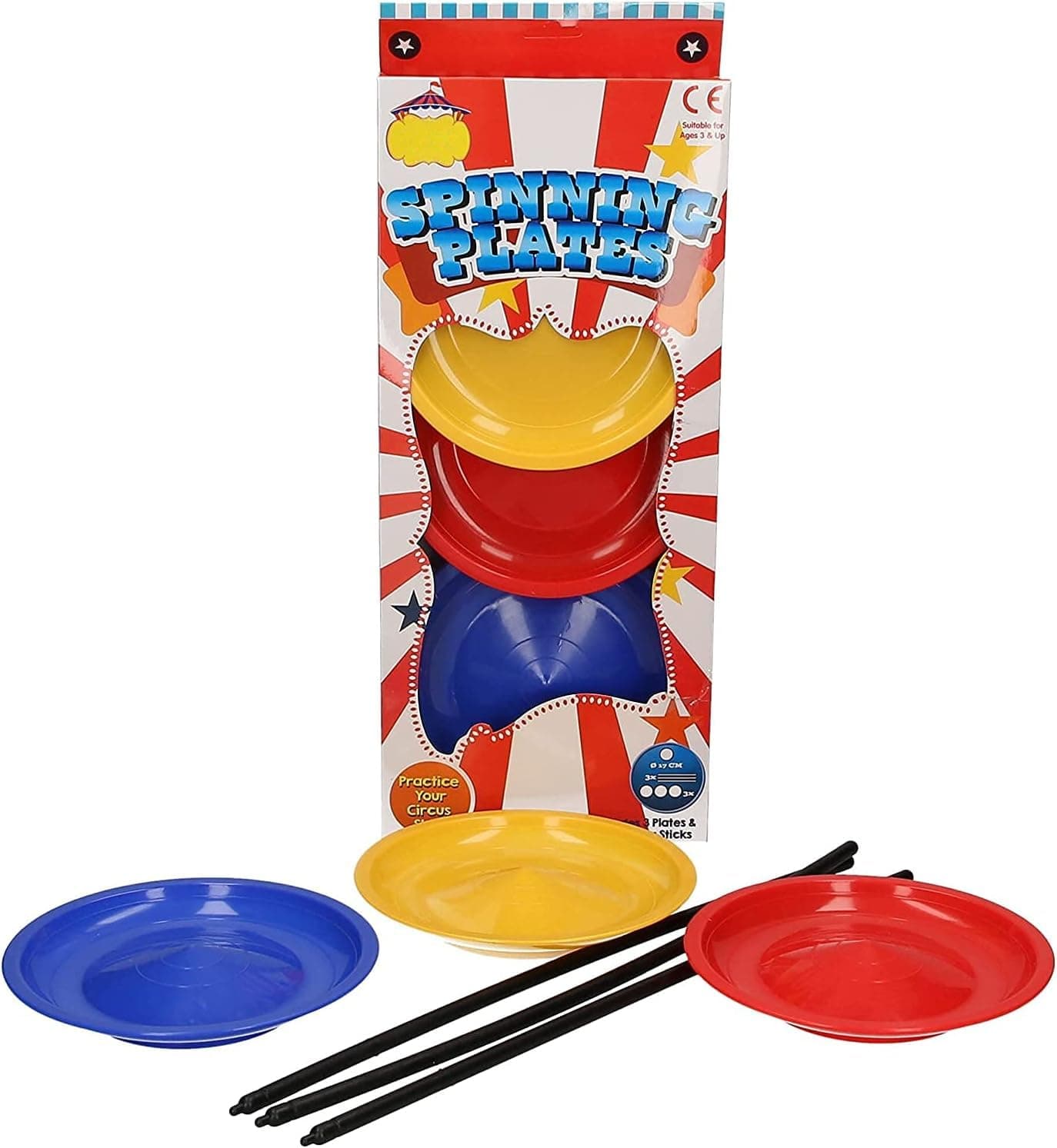 Spinning Plates with Sticks Classic Circus Trick, Great Juggling Toy Game for Kids and Adults, Set of 3