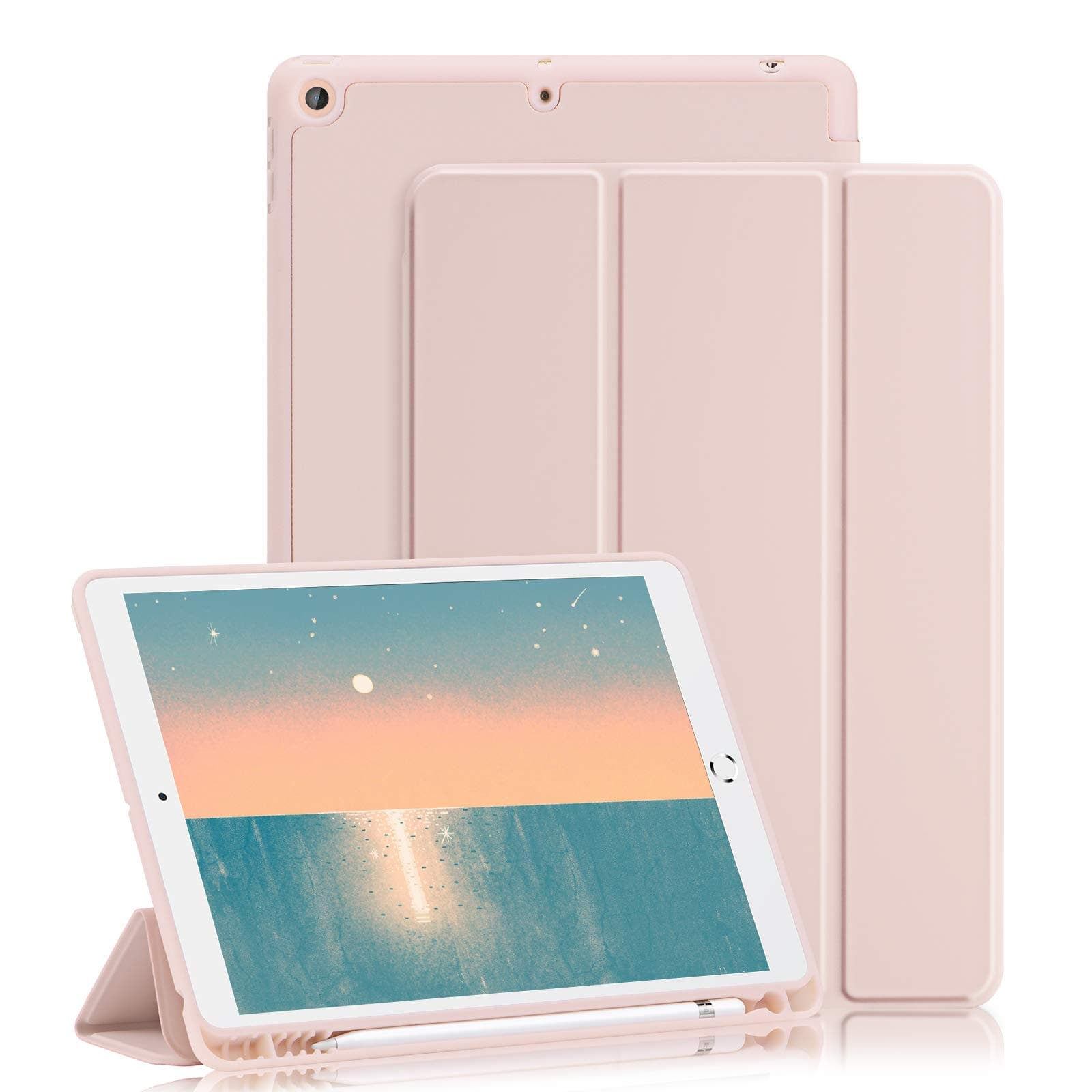 GHINL iPad 9th/8th/7th Generation Case (2021/2020/2019) iPad 10.2-Inch Case with Pencil Holder [Sleep/Wake] Slim Soft TPU Back Smart Magnetic Stand Protective Cover Cases (Light Pink)