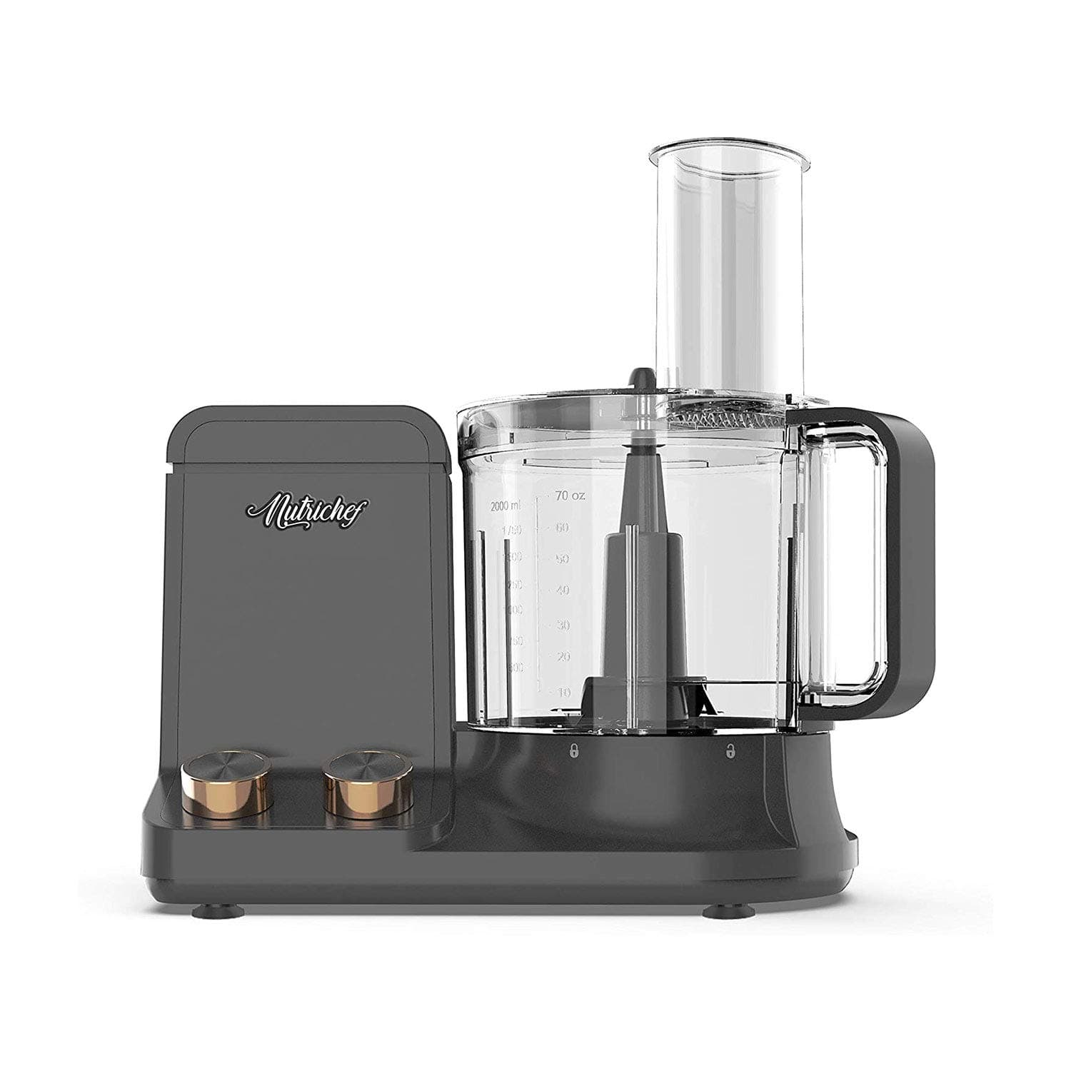 NutriChef Food Processor 2 Liter Capacity - Multipurpose & Ultra Quiet Powerful Motor - Includes 6 Attachment Blades - 12 Cup Capacity - Pre-Set Speed For Easy Use - Black Chrome & Space Gray