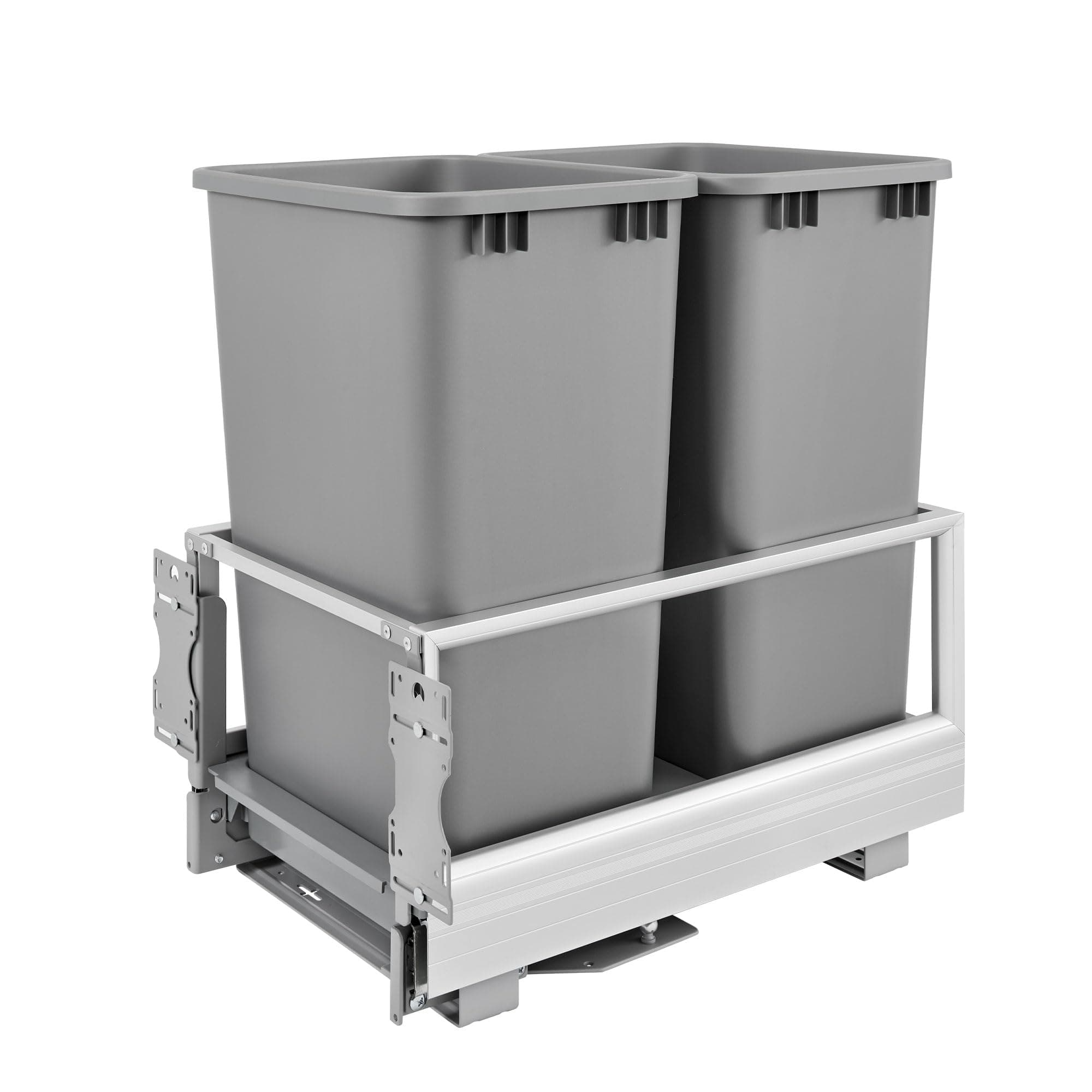 Rev-A-Shelf Double 50 Quart Pull Out Trash Can for Base Kitchen Cabinets, Storage Garage Bin on Wire Basket with Soft Close, Silver, 5149-2150DM-217