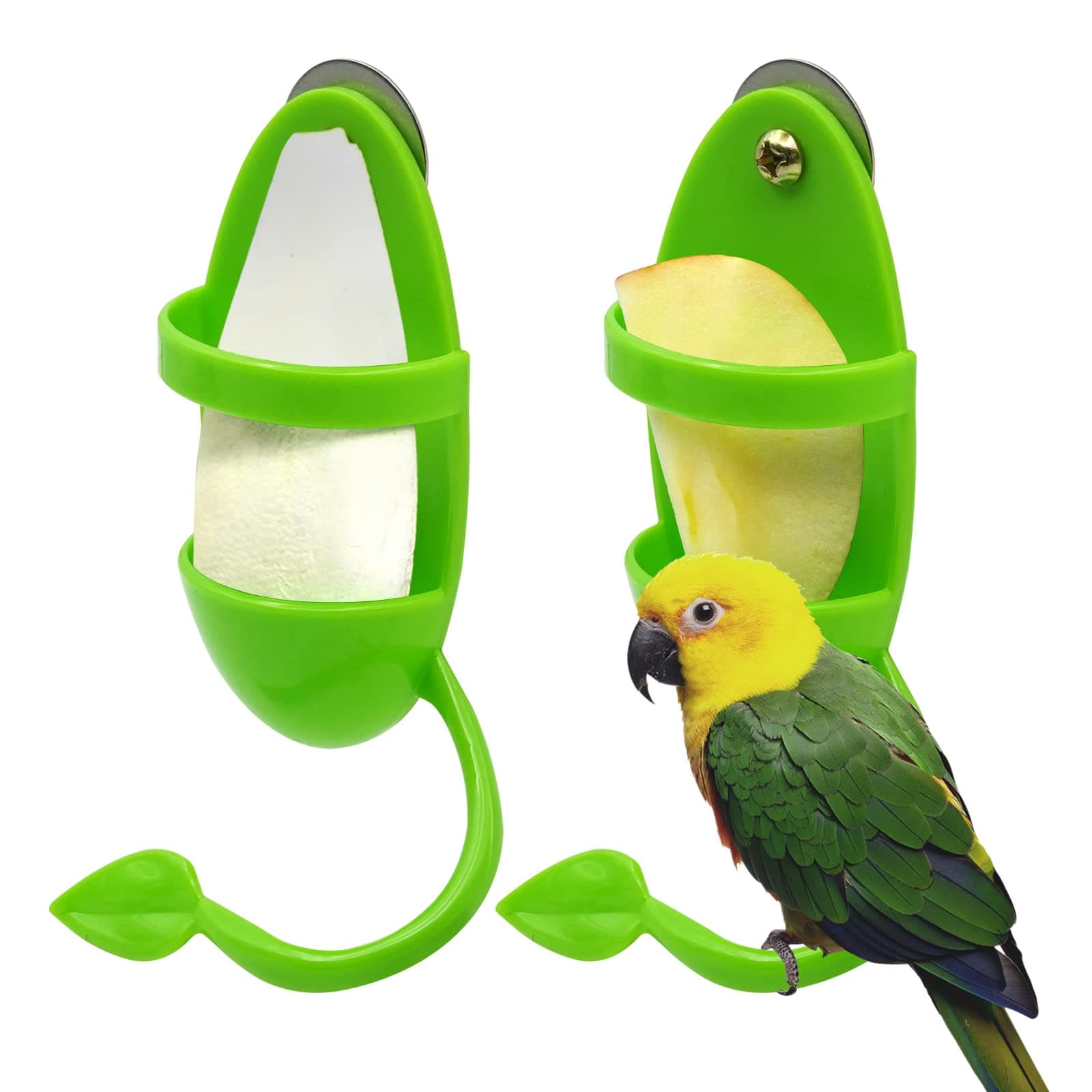 2PCS Bird Cuttlebone Stand Holder Feeding Cup Rack Birdcage Accessories with Perches Supplies Fruit Vegetable Storage for Budgies Parakeet Cockatiel Conure Lovebird Finches, Green