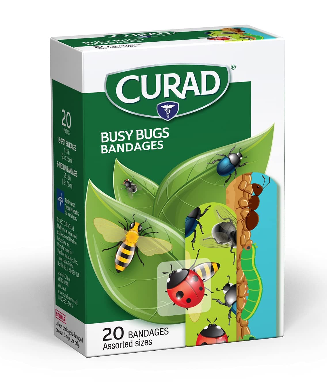 CuradKids Adhesive Bandages, Busy Bug Design, Assorted Sizes, 20 Count (Pack of 6)