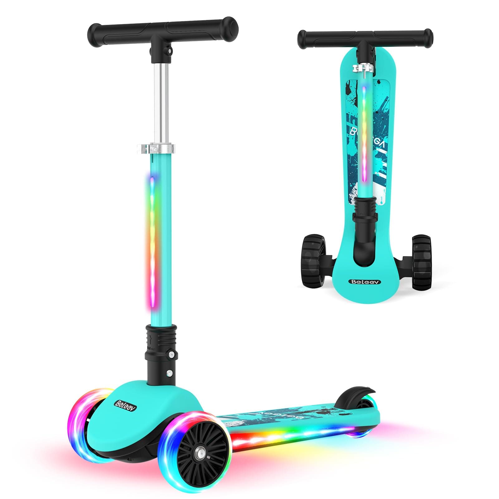BELEEV Kids Scooter with LED Light-Up Wheels & Deck & Stem, 3 Wheel Folding Scooter for Toddlers Girls Boys Ages 3-12, Extra Wide Wheel, Adjustable Handlebar, Kick Scooter for Children (Aqua)