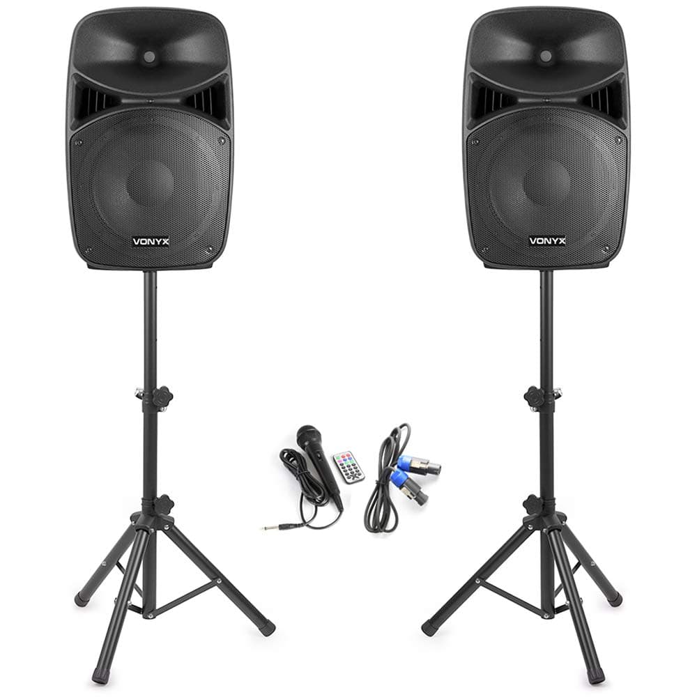 Vonyx VPS152A 15-Inch Active Party Speaker System with Bluetooth, Speaker Stands, Wired Microphone & LED Lights – Complete DJ PA System for Karaoke, Events, Parties & Stage Performance