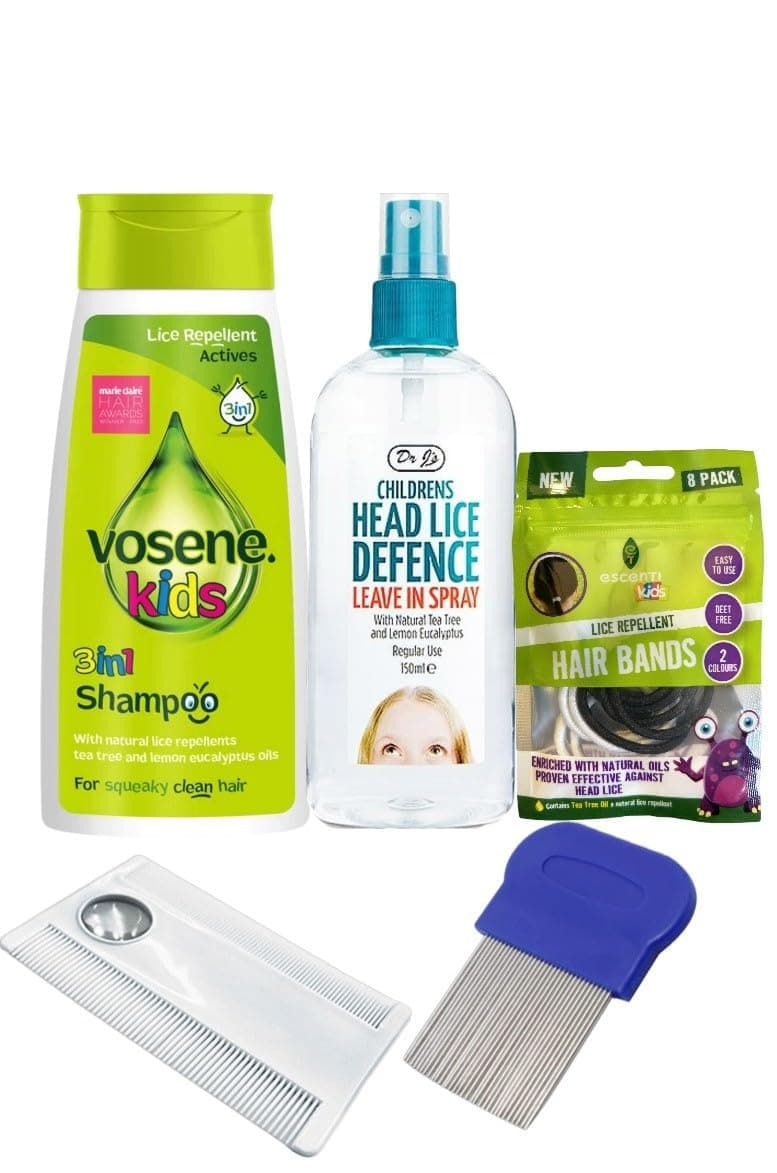 Kids Head lice Defence Bundle Including 3 in 1 Shampoo, Leave in Defence Spray, 2 Styles of Combs and a Pack of lice Repellent Hair Bands