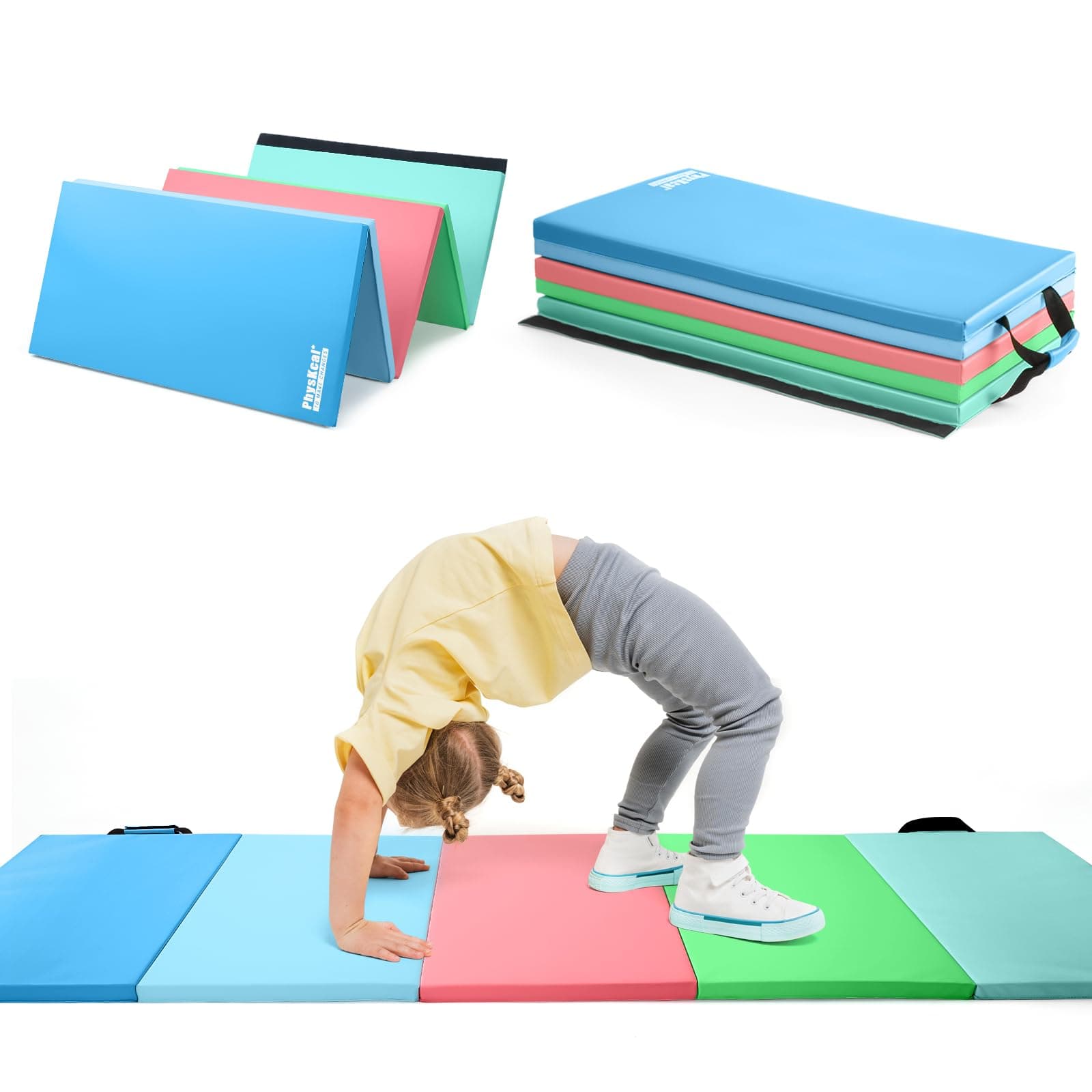 5-Panel Folding Gymnastics Tumbling Mat with Carrying Handles 195 x 75 x 2.8, Thick Exercise Mat, Foldable Tumbling Mat for Kids, Padding for MMA, Gymnastics, Activity Play and Home Gym