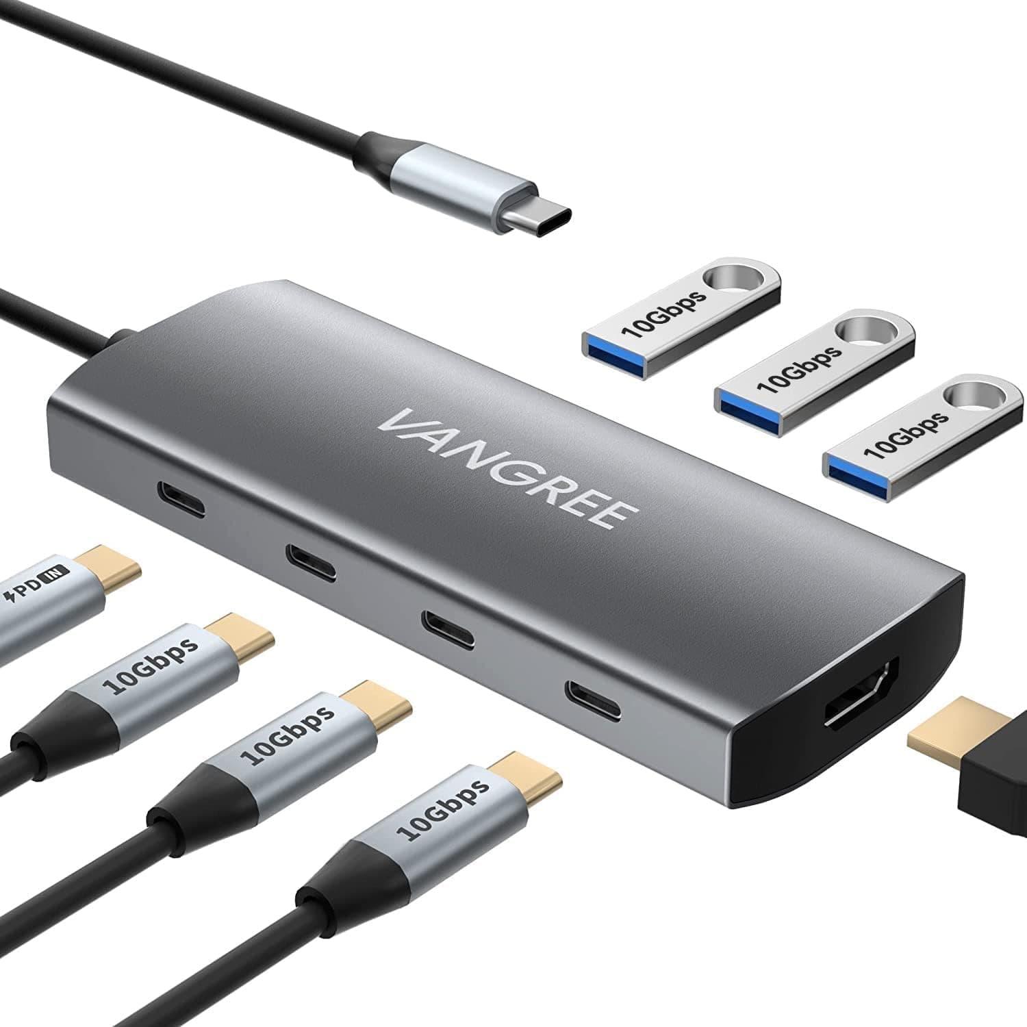 VANGREE USB C Hub, 3 USB 3.2 Gen 2 Ports with 10Gbps, 4K@60Hz HDMI, 100W Power Delivery, 3 USB-A 3.2 Ports, USB C Splitter Multiport Adapter Extender for MacBook Pro/Air, iPad Pro, Mac mini and More