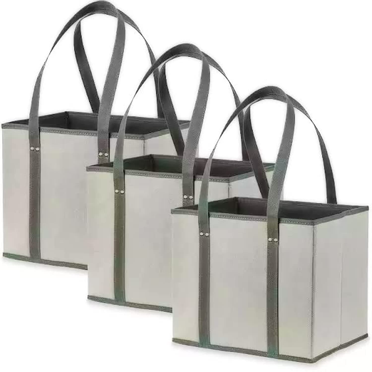 Creative Green Life Reusable Grocery Bags (3 Pack) – Heavy Duty Reusable Shopping Bags with Box Shape to Stand Up, Stay Open, Fold Flat – Large Tote Bags with Long Handles & Reinforced Bottom (Gray)