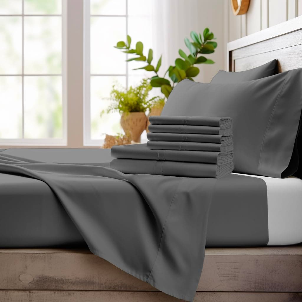 Bamboo Bay6 Piece Queen Size Sheet Set, 100% Viscose Made from Bamboo, Breathable Ultra Soft Cooling Bed Sheets for Hot Sleepers, Beddings with Deep Pockets Fit 16" Mattress, Dark Grey