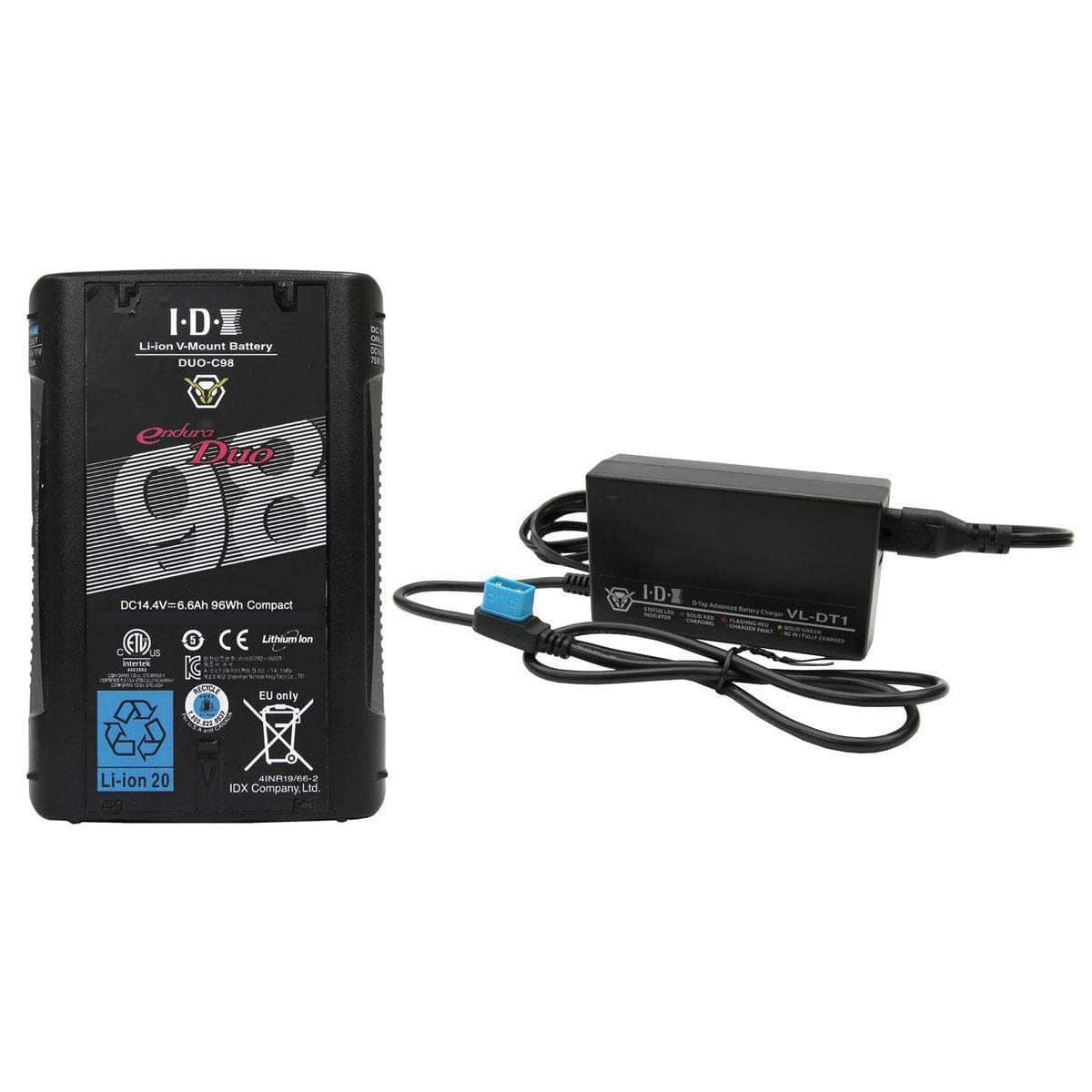 IDX DUO-C98 96Wh High-Load Battery with D-Tap Advanced, Standard D-Tap & USB Port VL-DT1 Charger for Endura D-Tap Advanced Port Batteries