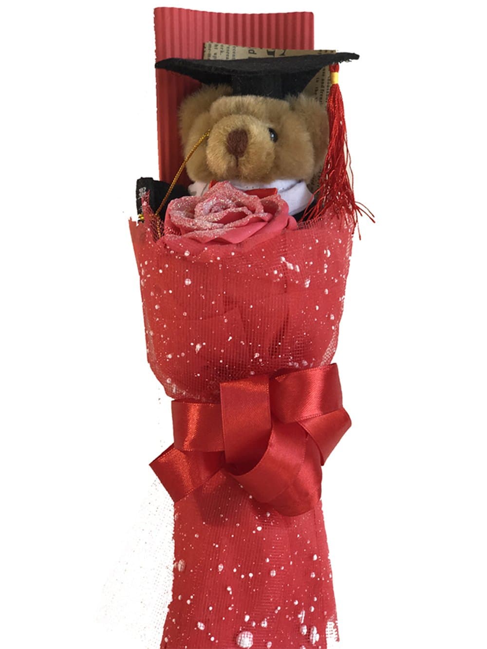 Graduation Teddy Bear Flower Bouquet (Red)