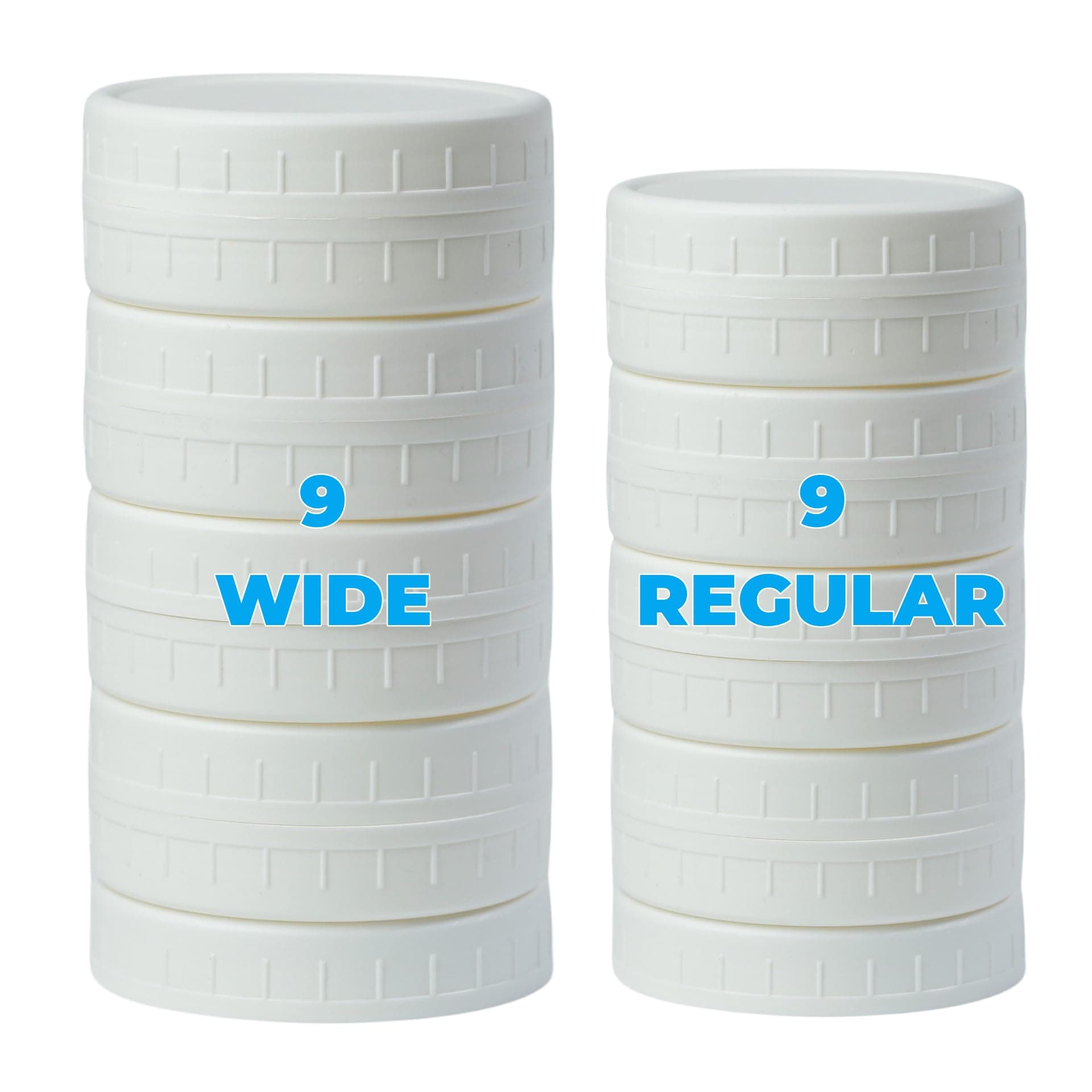 Bedgeta 18 Pack White Plastic Mason Jar Lids with Silicone Rings, 9 Wide Mouth & 9 Regular Mouth Canning Lids for Ball & Kerr and More, 86mm &70mm Plastic Mason Jar Lids