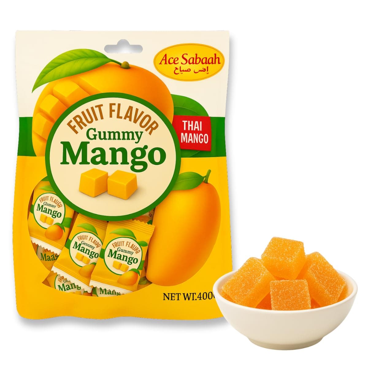 Thai Mango Gummi Candies – Made with Real Mango Juice, Soft and Chewy Texture, 35 Individually Wrapped Pieces (14.1oz/400g)