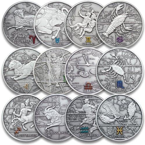 Highly Collectable Zodiac Series Oxidized 925 Proof Silver Set of 12 Medals