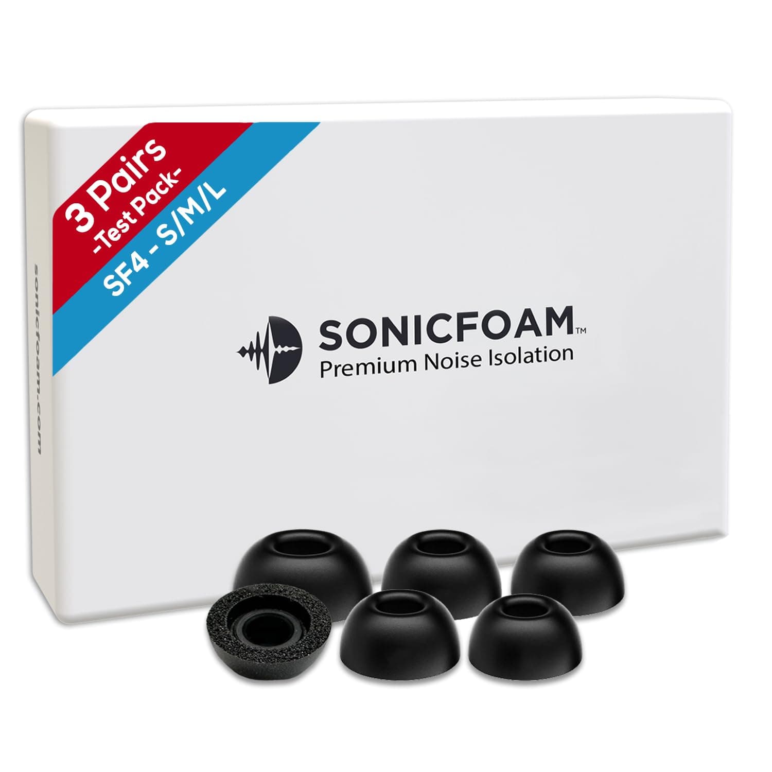 SONICFOAM (SF4 Small/Medium/Large Black) Memory Foam Earbud Tips for Earbuds with Speaker Diameter 4.4-5.7mm - (6 Pack / 3 Pairs) - Fits most charging cases
