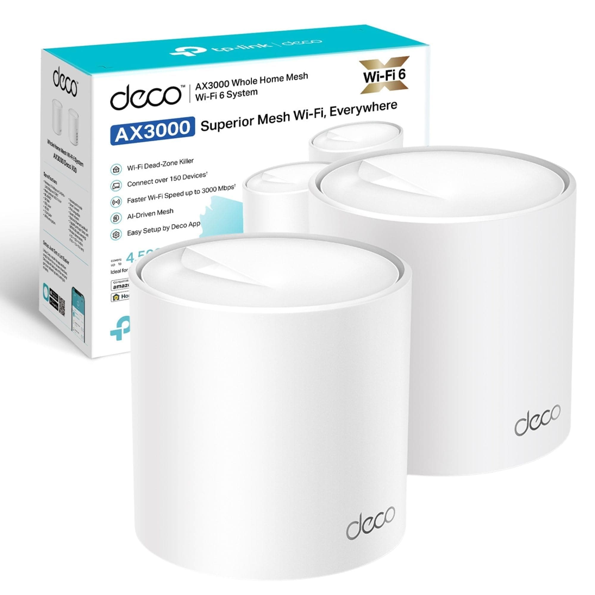 Deco X50(2-pack) AX3000Mbps Whole Home AI-Driven Mesh WiFi 6 System, Dual-Band WiFi Booster with 3x Gigabit Ports, Coverage up to 4,500 ft2, Connect up to 150 devices, HomeShield Security