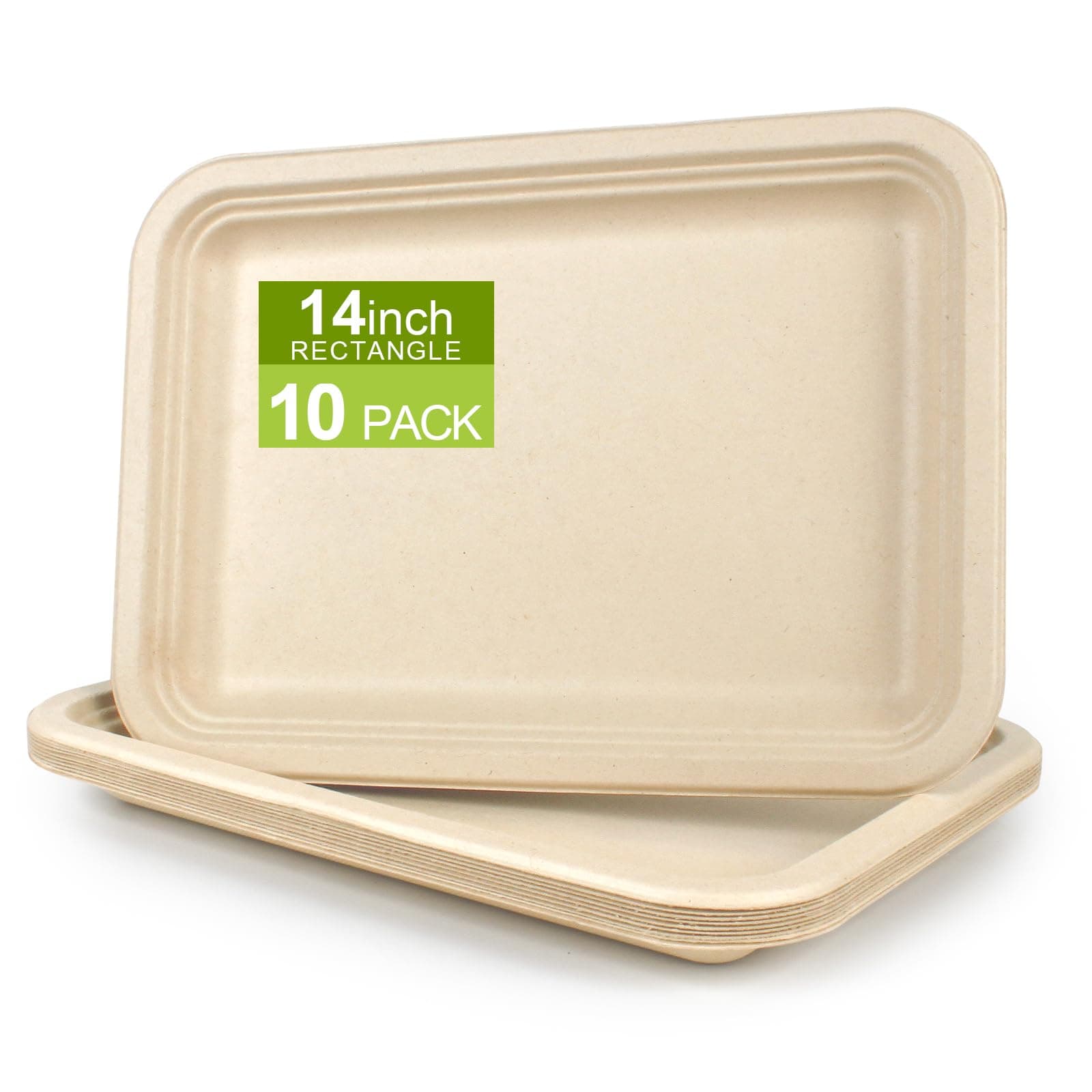 BangShou 10-Pack Food Plates, Rectangular Paper Plate, Microwave-Safe, Soak-Proof, Cut Resistant, Compostable, Biodegradable, 14" Disposable Paper Plates for Everyday, Party, Picnic, BBQ