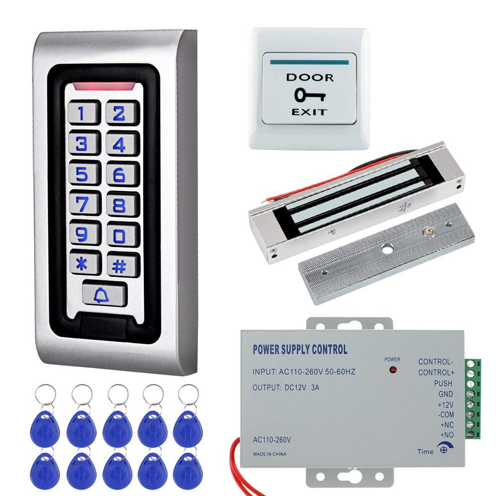 HFeng Door Access Control System Kit IP68 RFID Keypad Waterproof Outdoor + 180KG/320lbs Electromagnetic Electric Magnetic Lock + DC12V 3A Power Supply + 10pcs Keyfobs Tags Door Entry System