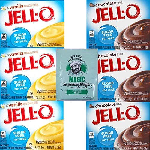 Jello Sugar Free Pudding Mix Combo. Vanilla and Chocolate Instant Pudding Mixes. Convenient One-Stop Shopping For 2 Popular Jell O Pudding Mixes. Sugarfree Heaven! Also: Chef Paul Seasoning Mix.
