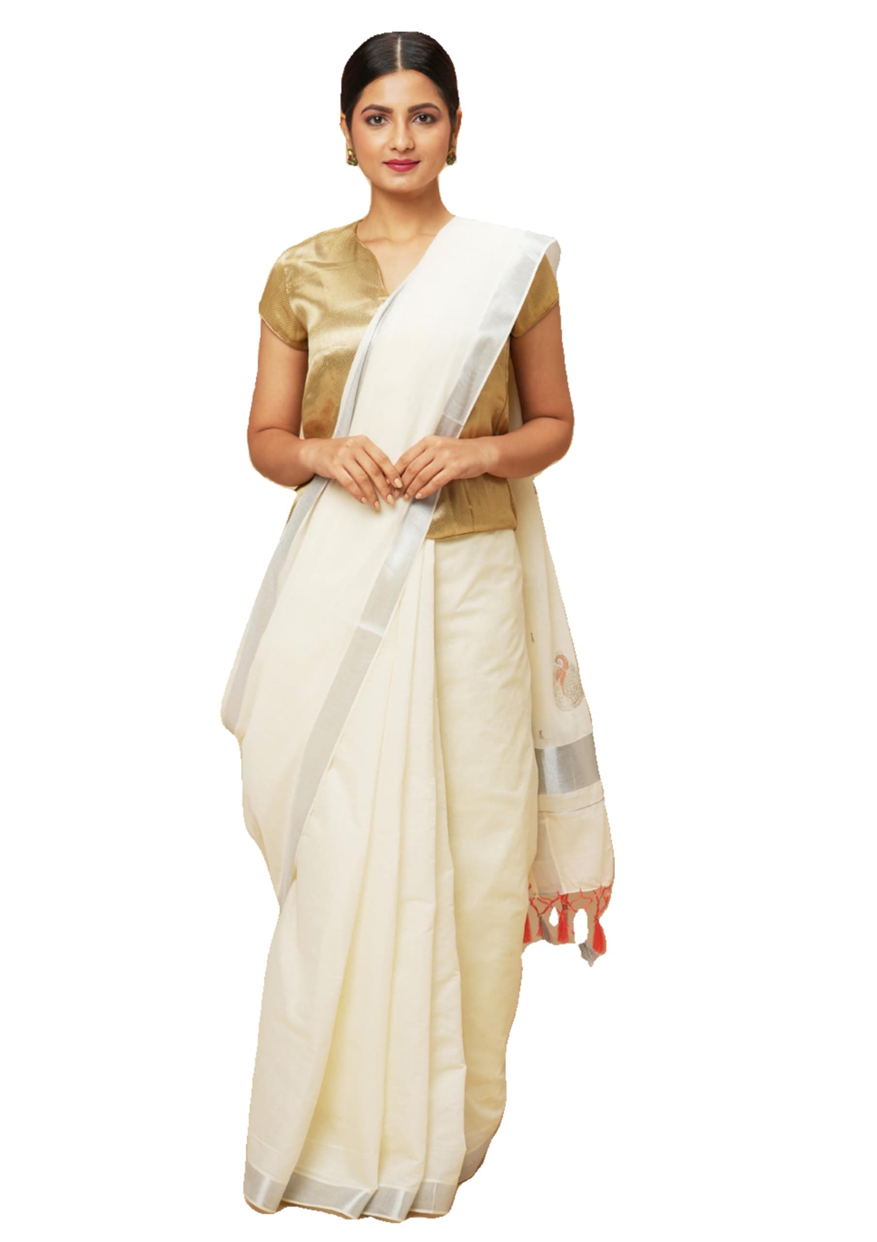 manvish drapes Solid/Plain Kerala Kasavu Pure Cotton Saree with Peacock Embroidered Pallu and Tassels