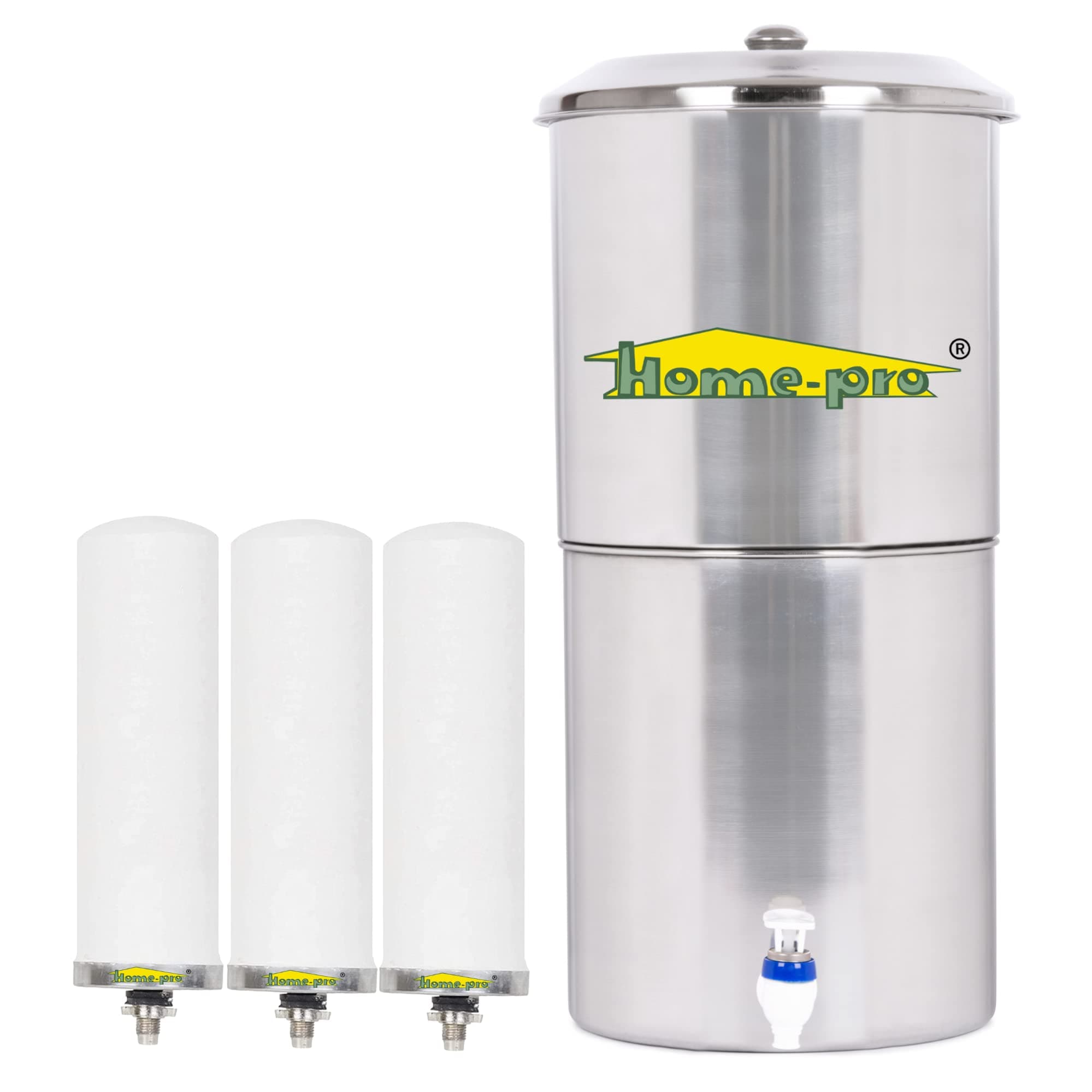 Home-Pro - Gravity Water Filter and Purifier | 24 Liters Total Capacity (12L Bottom & 12L Top) Made with Stainless Steel | Includes 3 Creamic Long Candle and Food Grade Plastic Tape