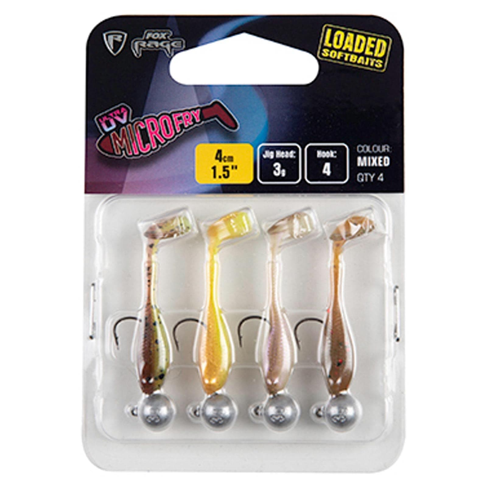 Fox RageMicro Fry Mixed UV Colour Pack 4 cm 3 g - 4 Rubber Fish for Perch, Mounted Rubber Sads, Softbaits for Jigging
