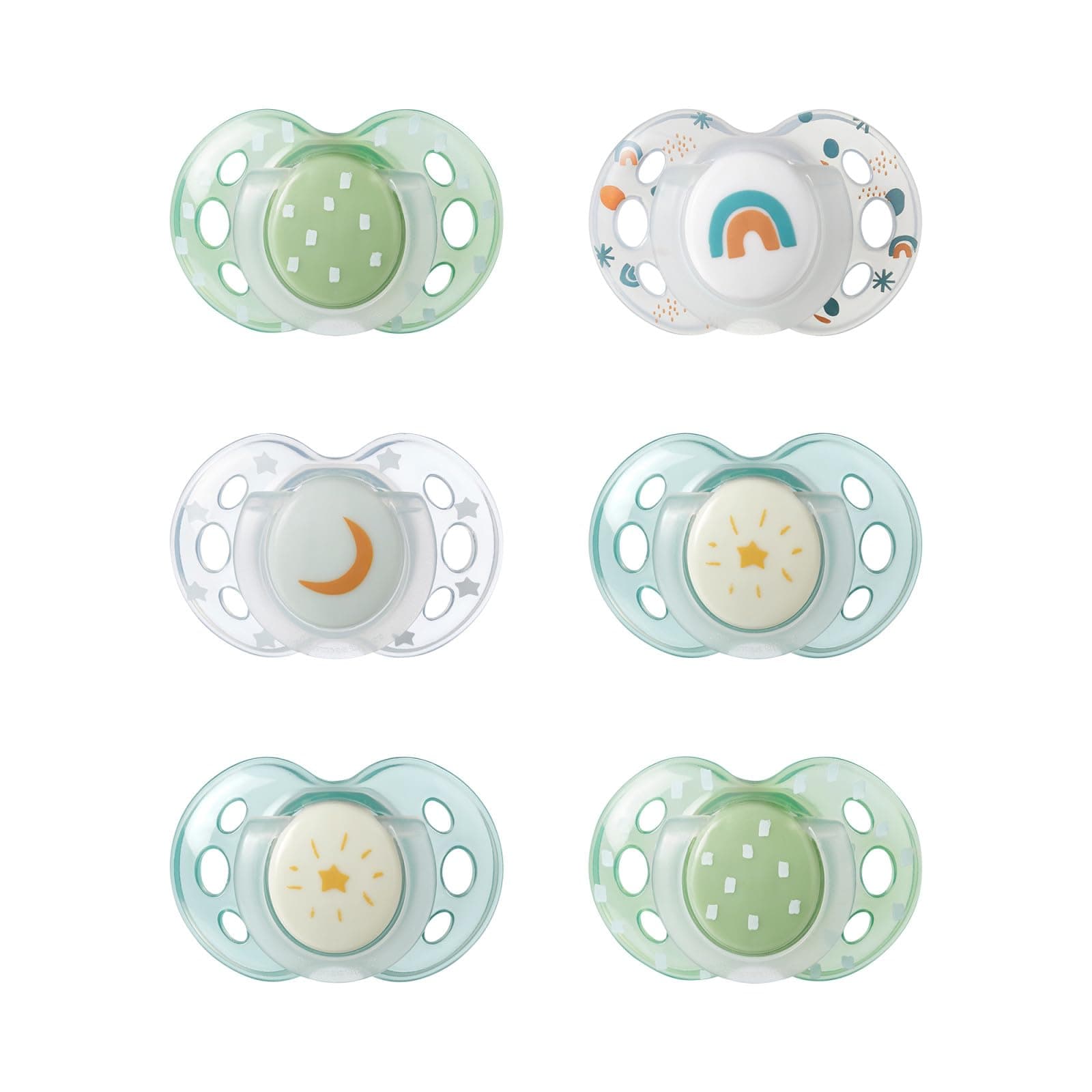 Night Time Pacifier, 18-36 Months, Symmetrical Silicone Baglet, BPA-Free Binkies, Glow in The Dark Technology, Green Rainbow, Pack of 6