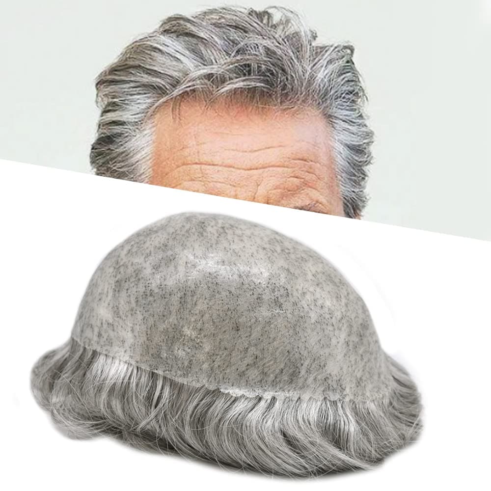 Toupee for Men's Hair Replacement System - Full Injected PU Durable Skin Wig - Soft Human Hair Piece - Grey 7"x10" #1B80 Off Black+80% Gray-120% Medium Light to Medium