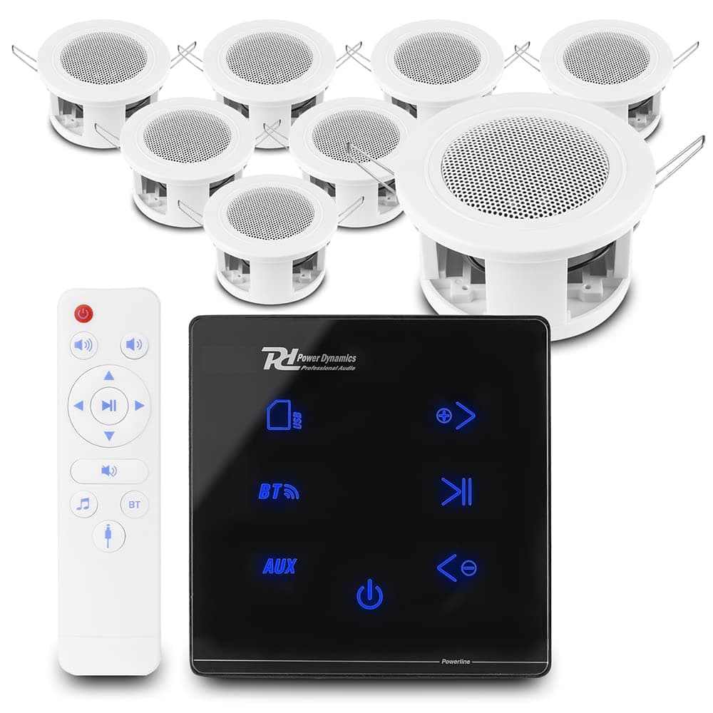 Power Dynamics Bluetooth Ceiling Speakers System, Powerline A100B In-Wall Amplifier, 8x CSBA3L Compact Small Ceiling Mount Speakers, Home Audio Kit with Remote & Speaker Cable (Black)