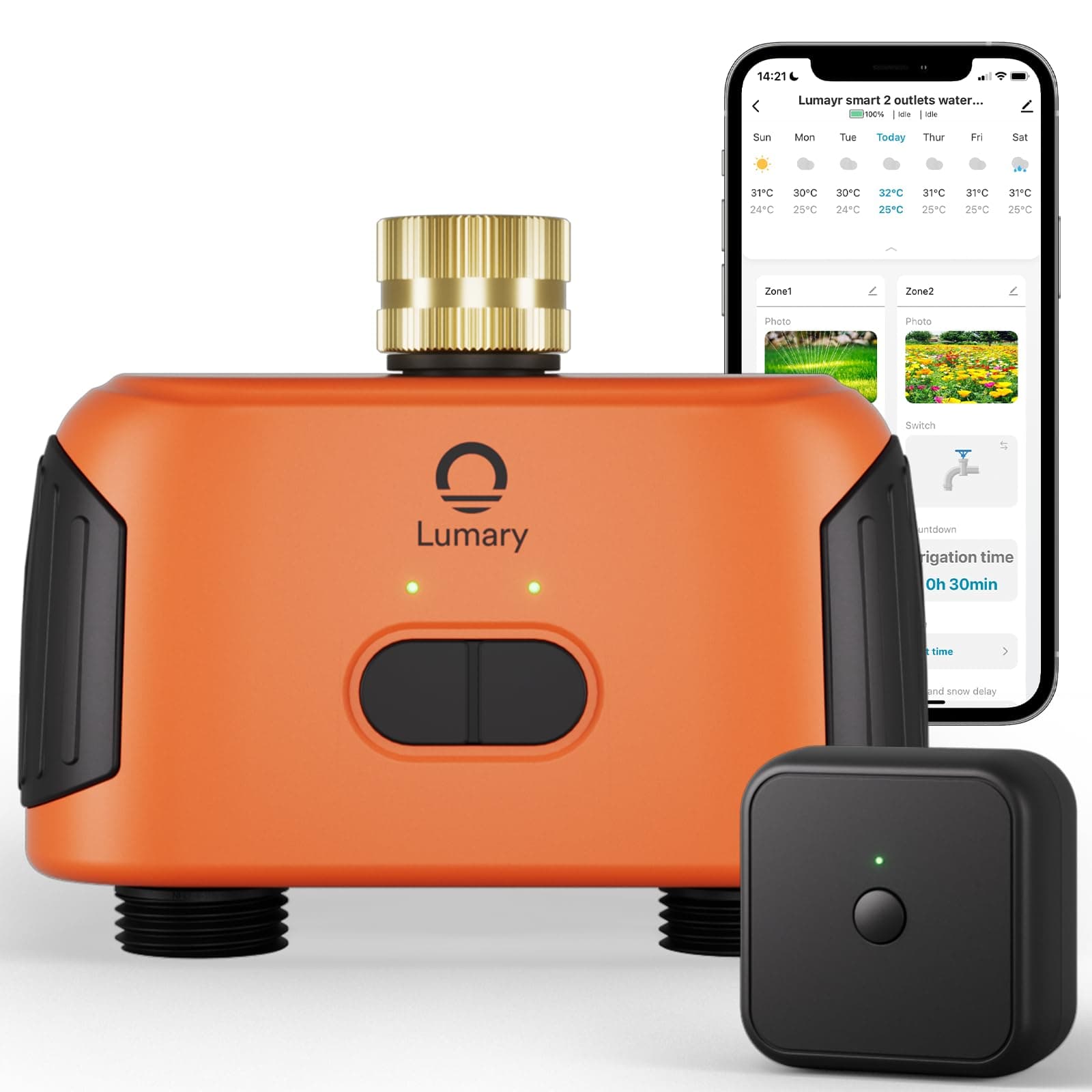 Lumary Smart Sprinkler Timer 2 Zone, WiFi Water Timer for Garden Hose, Automatic Irrigation Controller System, App Voice Control Work with Alexa and Google Assistant, Gateway Included, Brass Inlet
