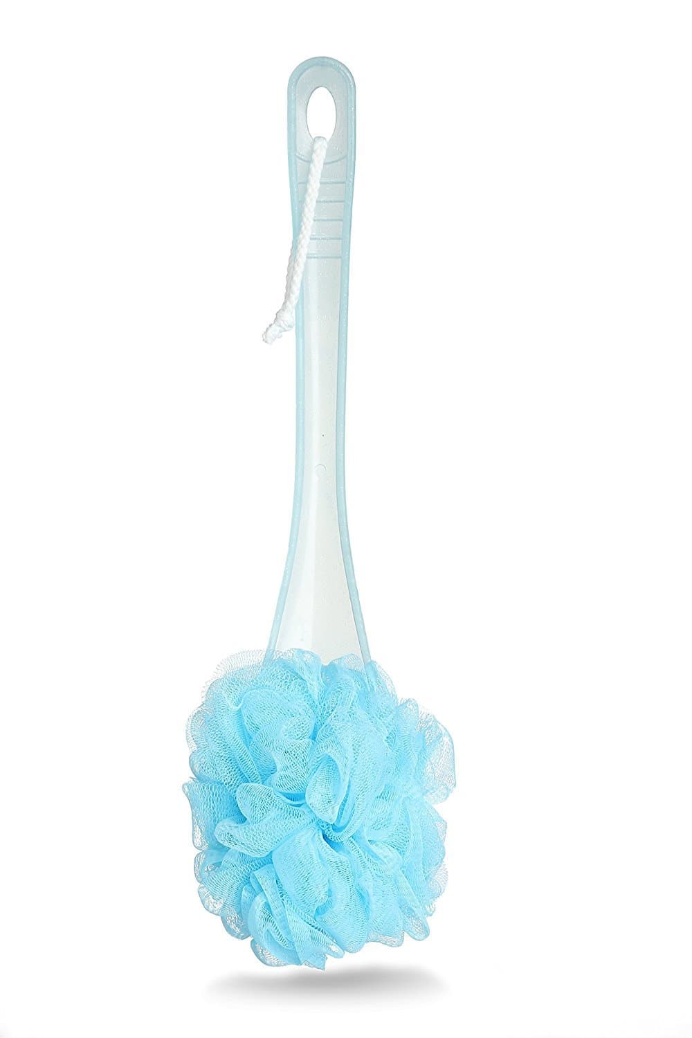 Bath Loofah & Brush with Long Handle Sponge Back Scrubber Shower & Bath Handle Exfoliating Pouf Scrubber on a Stick Body Back Luffa Brush by Woods World (Blue)