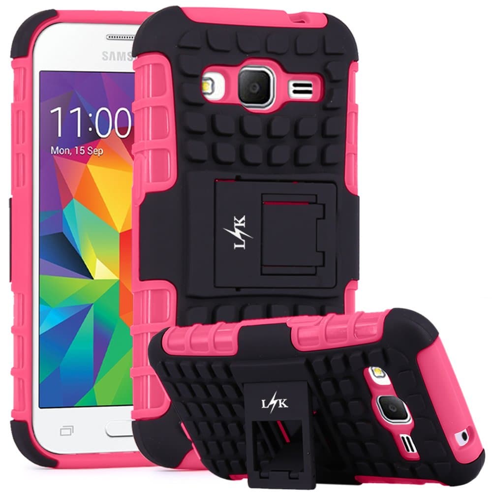 Grand Prime Case, LK [Shock Absorption] Hybrid Dual Layer Armor Defender Protective Case Cover with Kickstand for Samsung Galaxy Grand Prime, Hot Pink