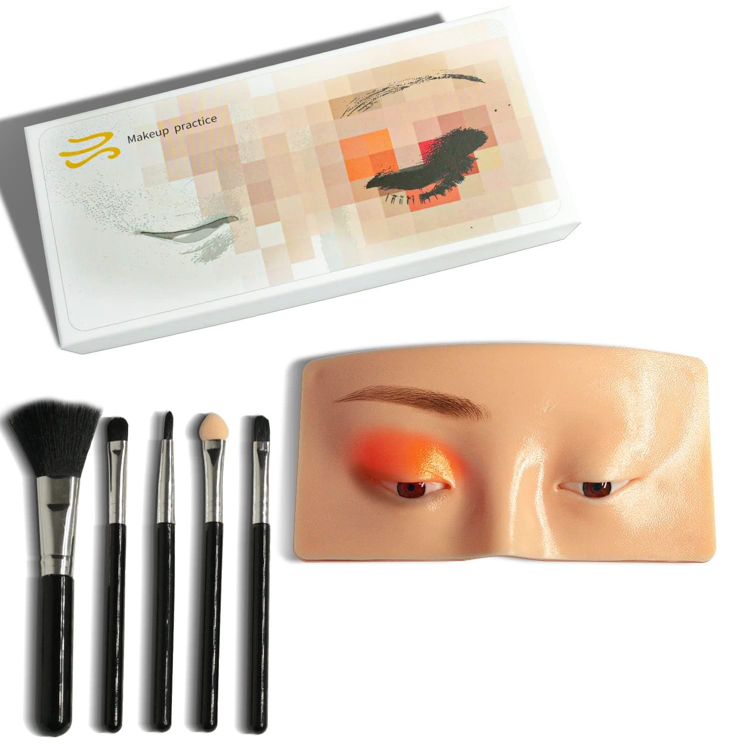 3D Makeup Practice Board, Ubitree Reusable Realistic Silicone Eyeliner Eyebrow Lash Mapping Face Skin Eye Makeup Practicing Board with 5 Pcs Cosmetic Brushes, Perfect for Practicing Face Eyes Makeup
