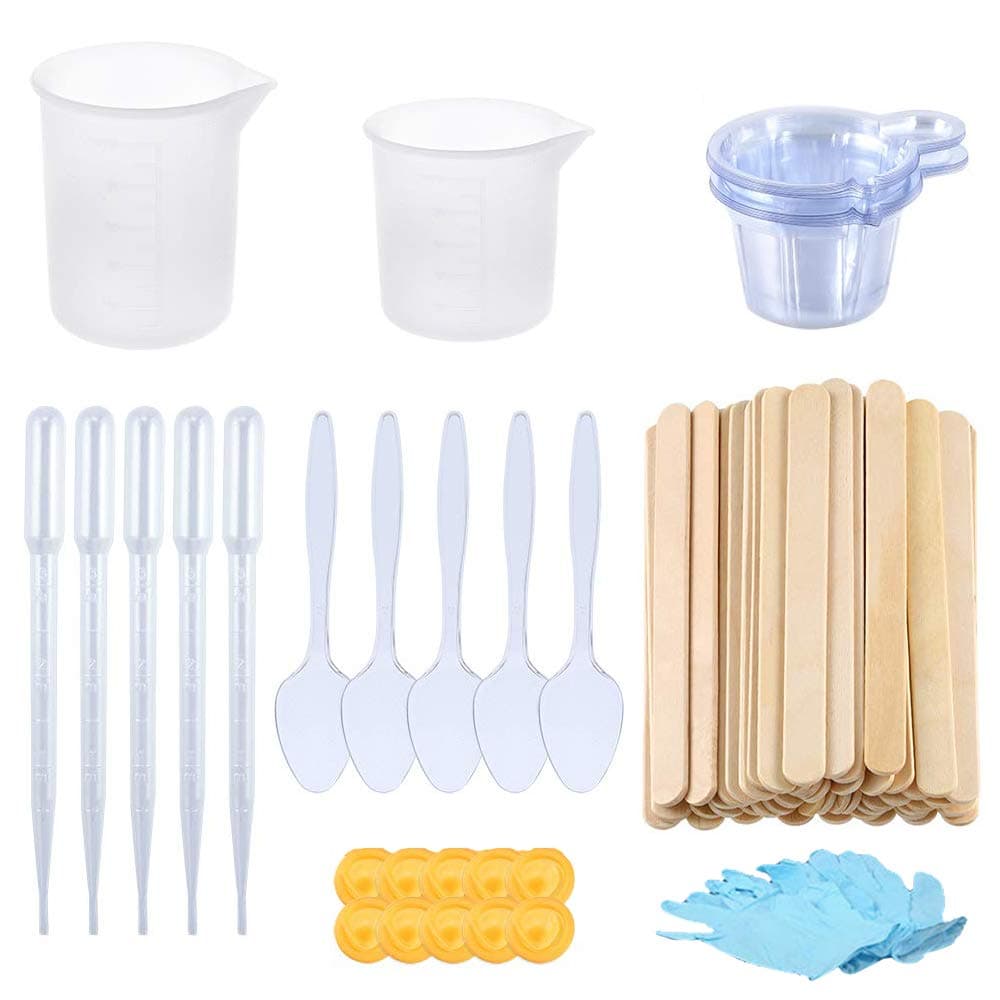 LUOSFUH 94pcs Epoxy Resin Tools Kit 1pcs 100ml & 60ml Silicone Measuring Cups, 10 Silicone Mixing Cups, 50pcs Mixing Sticks, 5 Dropping Pipette & Plastic Spoons, 10 Finger Cots 1 Pair Gloves