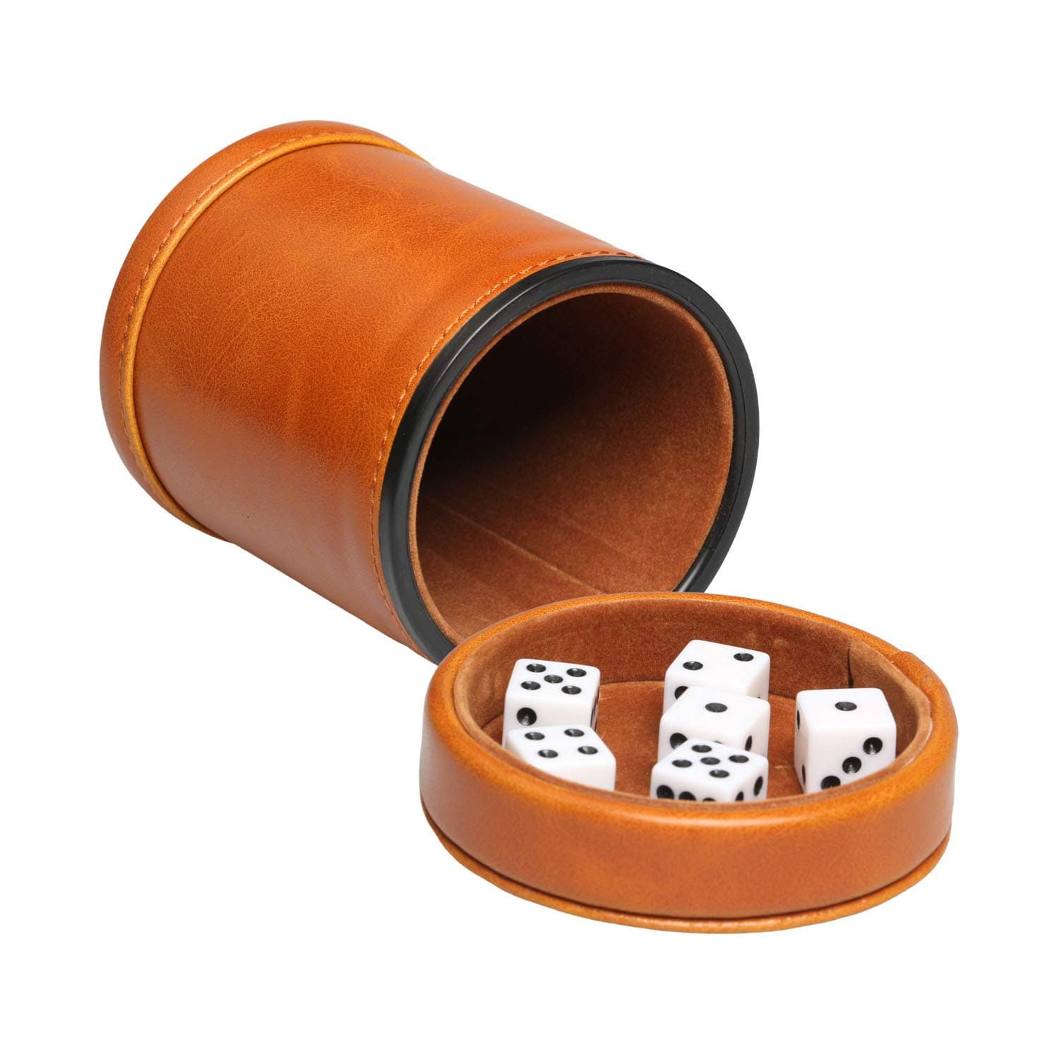 Leatherette Dice Cup with Lid Includes 6 Dices, Velvet Interior Quiet in Shaking for Liars Dice Farkle Yahtzee Board Games, Brown