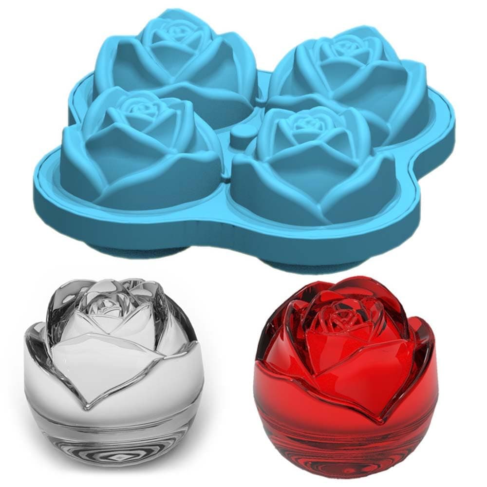 Ice Cube Molds Trays 3D Rose Flower and Diamond Shape Ice Cube Moulds 4 Cavity Silicone Rose Ice Ball Maker Easy Release Freezer Tray for Chilling Cocktails Whiskey Bourbon Juice(Blue)