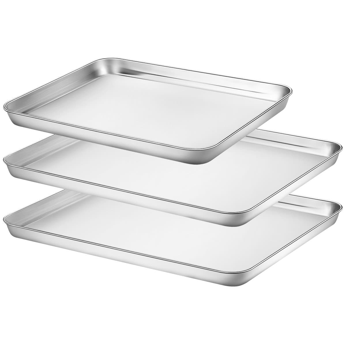 Baking Sheets Set of 3, HKJ Chef Baking Pans 3 Pieces & Stainless Steel Cookie Sheets & Toaster Oven Tray Pans, Non Toxic & Healthy, Mirror Finish & Easy Clean