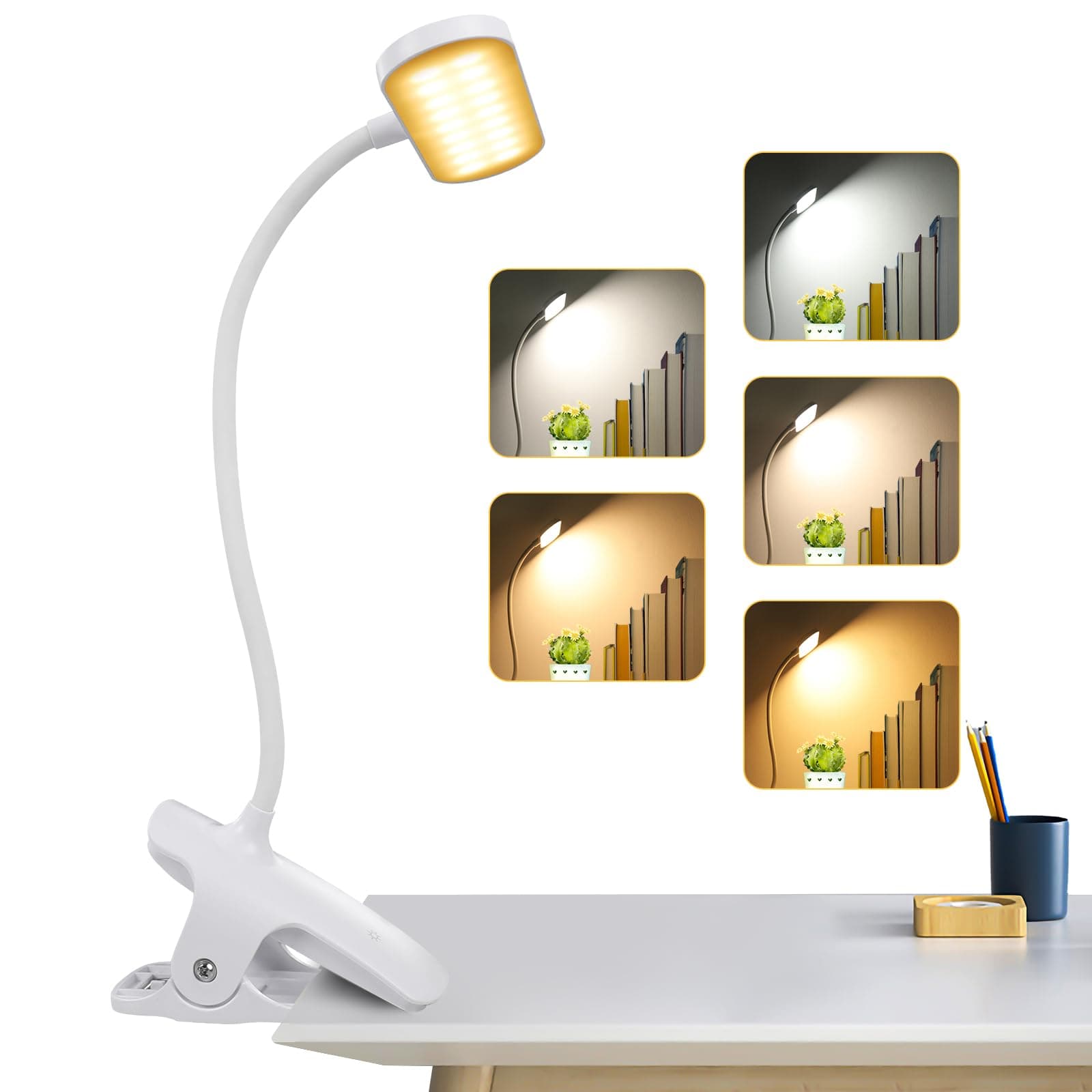 Clip on Light Reading Lights,36 LED USB Desk Lamp with 5 Color Modes 5 Brightness, Eye Protection Book Clamp Light, Perfect forDesk, Bed Headboard and Computers (White)