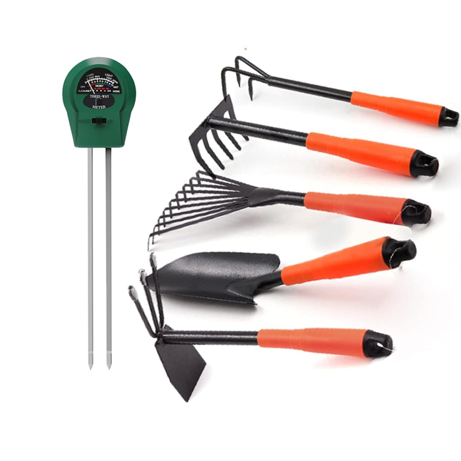 5 Piece Garden Tool Sets - Including Trowel,5-Teeth rake,9-Teeth Leaf rake,Double Hoe 3 prongs, Hand Cultivator+ 1 PCS Soil Tester(3-in-1 Plant Moisture Meter Light and PH Tester) …