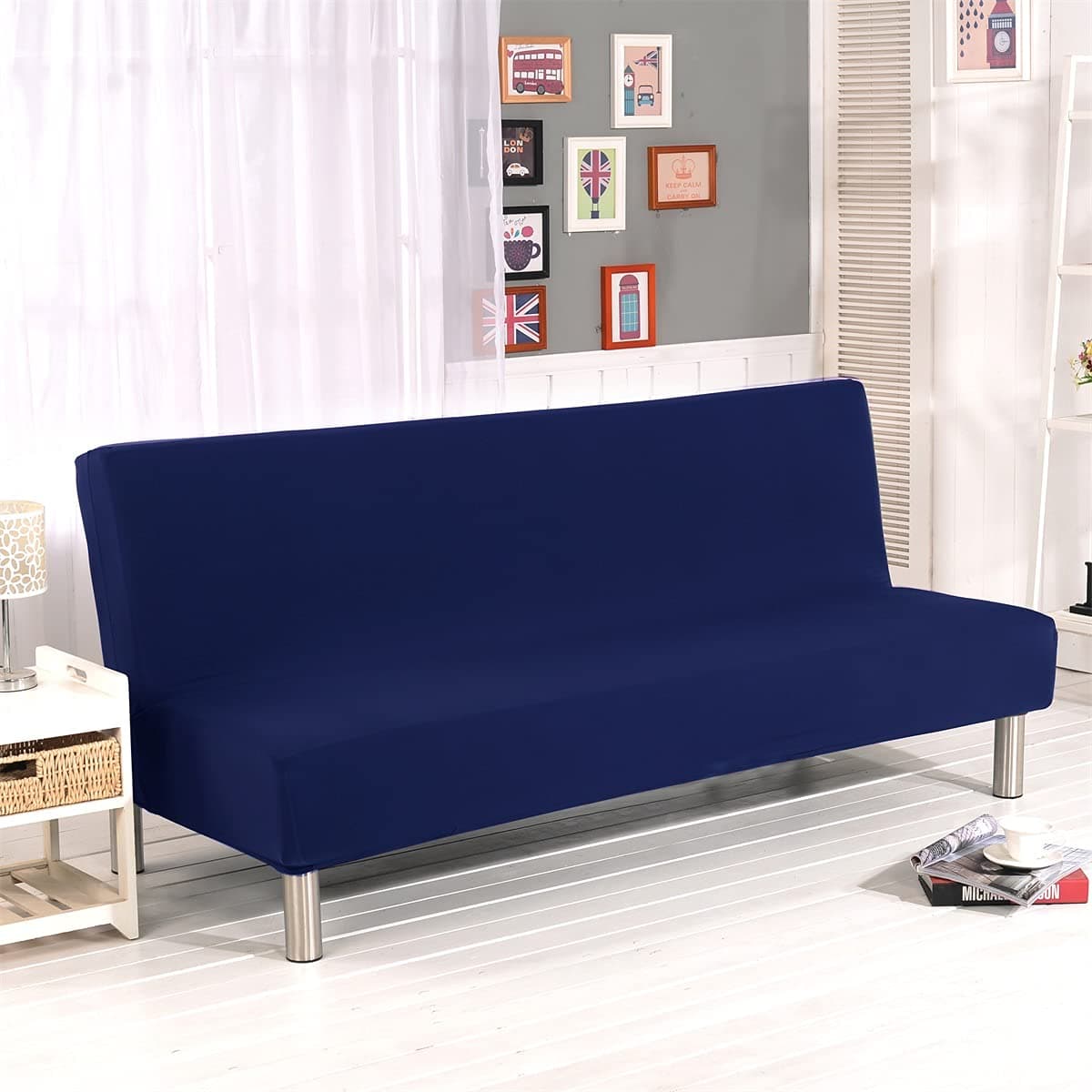 – Stretch Futon Cover Armless Sofa Slipcover Foldable Sofa Bed Covers with Elastic Band, Machine Washable (Dark Blue)