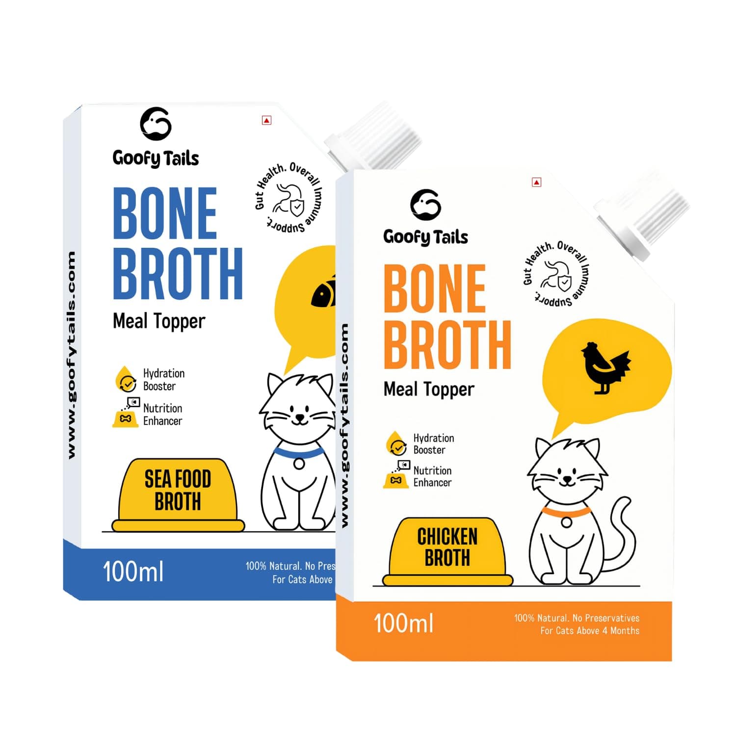 Bone Broth for Cats Variety Combo 200 ml (100 ml X 2 Pack), Chicken, Sea Food, Human Grade, Preservative Free, 100% Natural Hydrating Liquid Cat Treats, Cat Supplements and Cat Food Topper