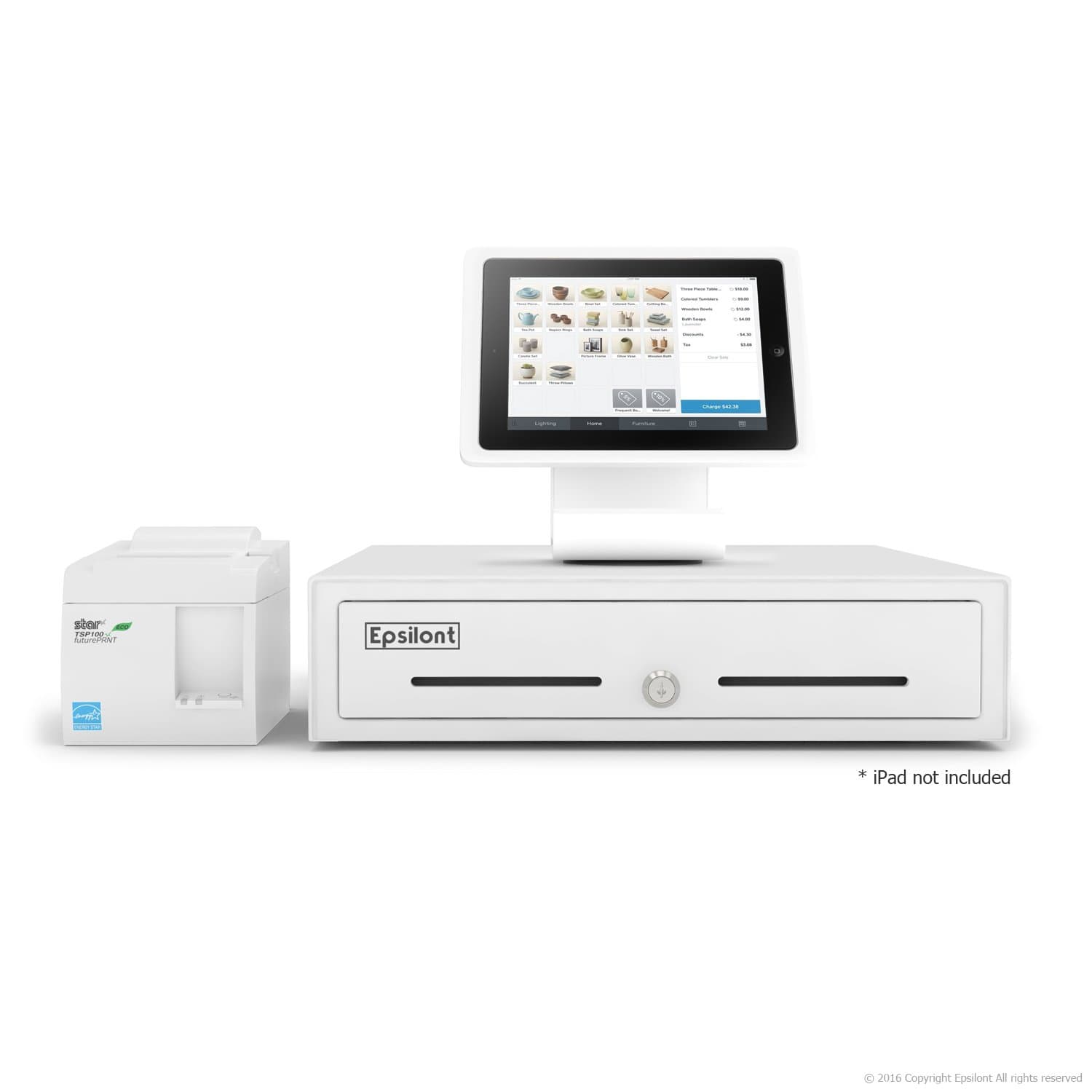 Square POS Bundle - Stand for iPad 5 2017, iPad Pro 9.7", iPad Air 2 and iPad Air - A-SKU-0274, Star Micronics TSP143IIU USB Receipt Printer and Epsilont Cash Drawer (White)